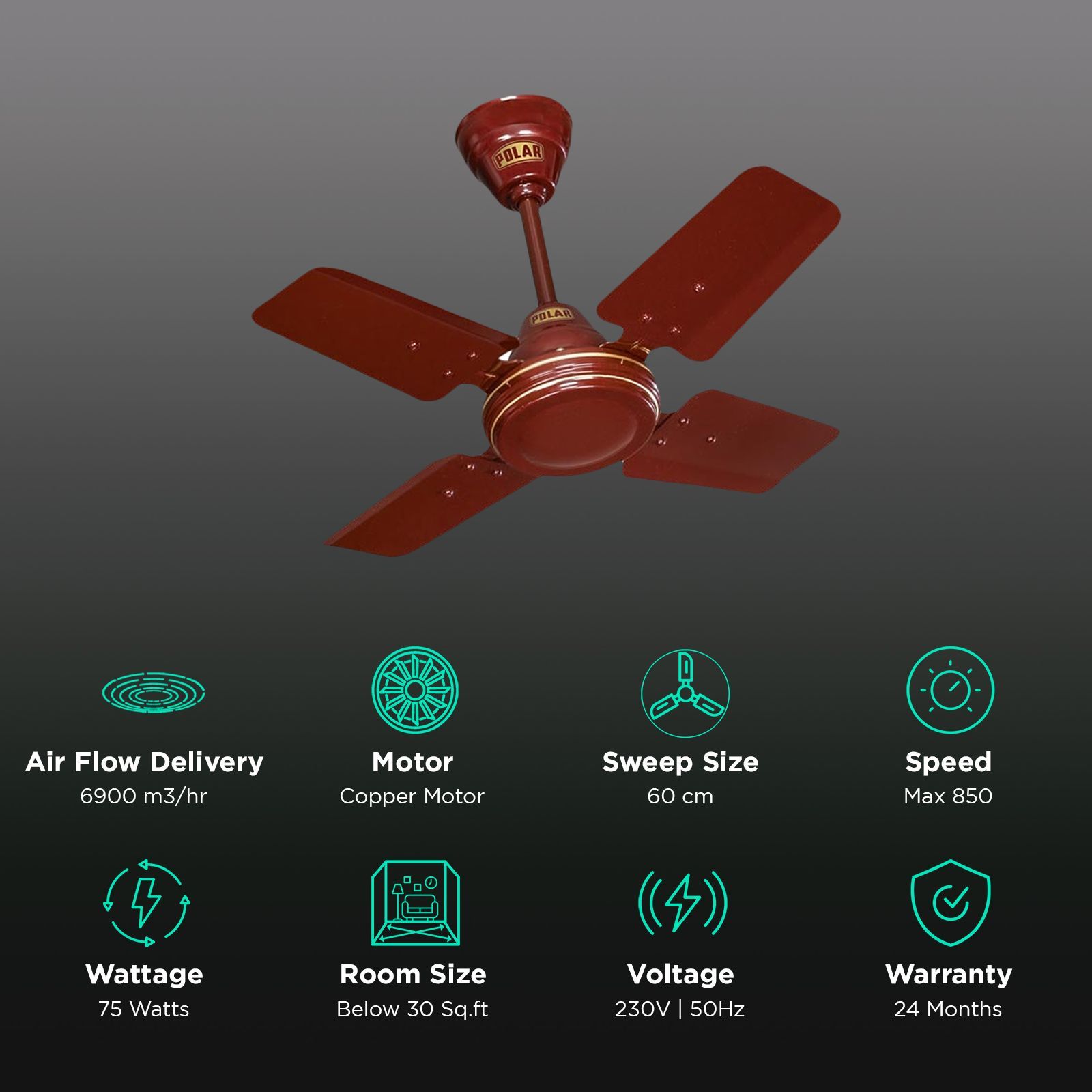 POLAR Super Speed 1 Star 600mm 4 Blade Copper Motor Ceiling Fan (Rust Resistant, Brown)_3