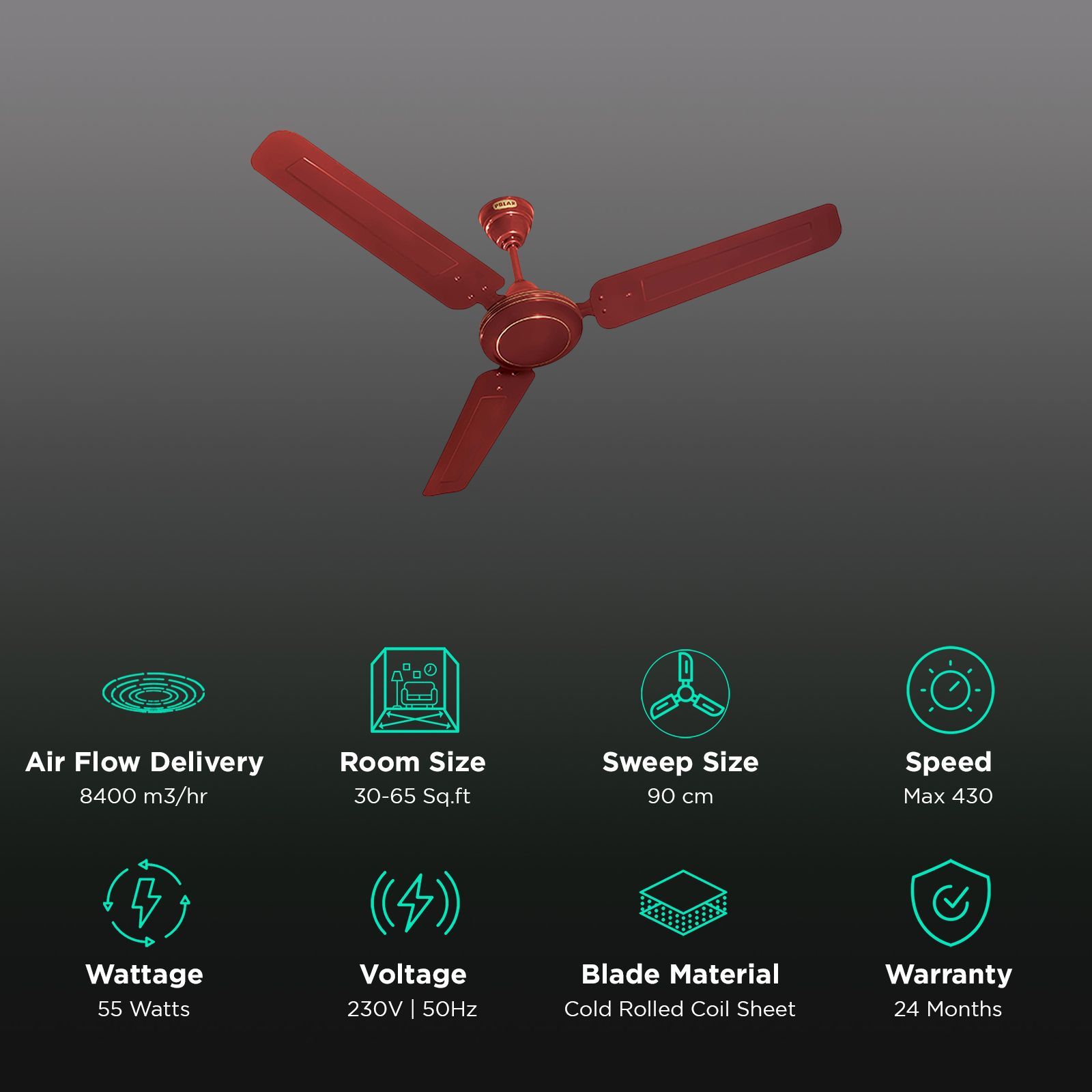 POLAR Payton 900mm 3 Blade High Speed Ceiling Fan (Silent Operation, Brown)_3