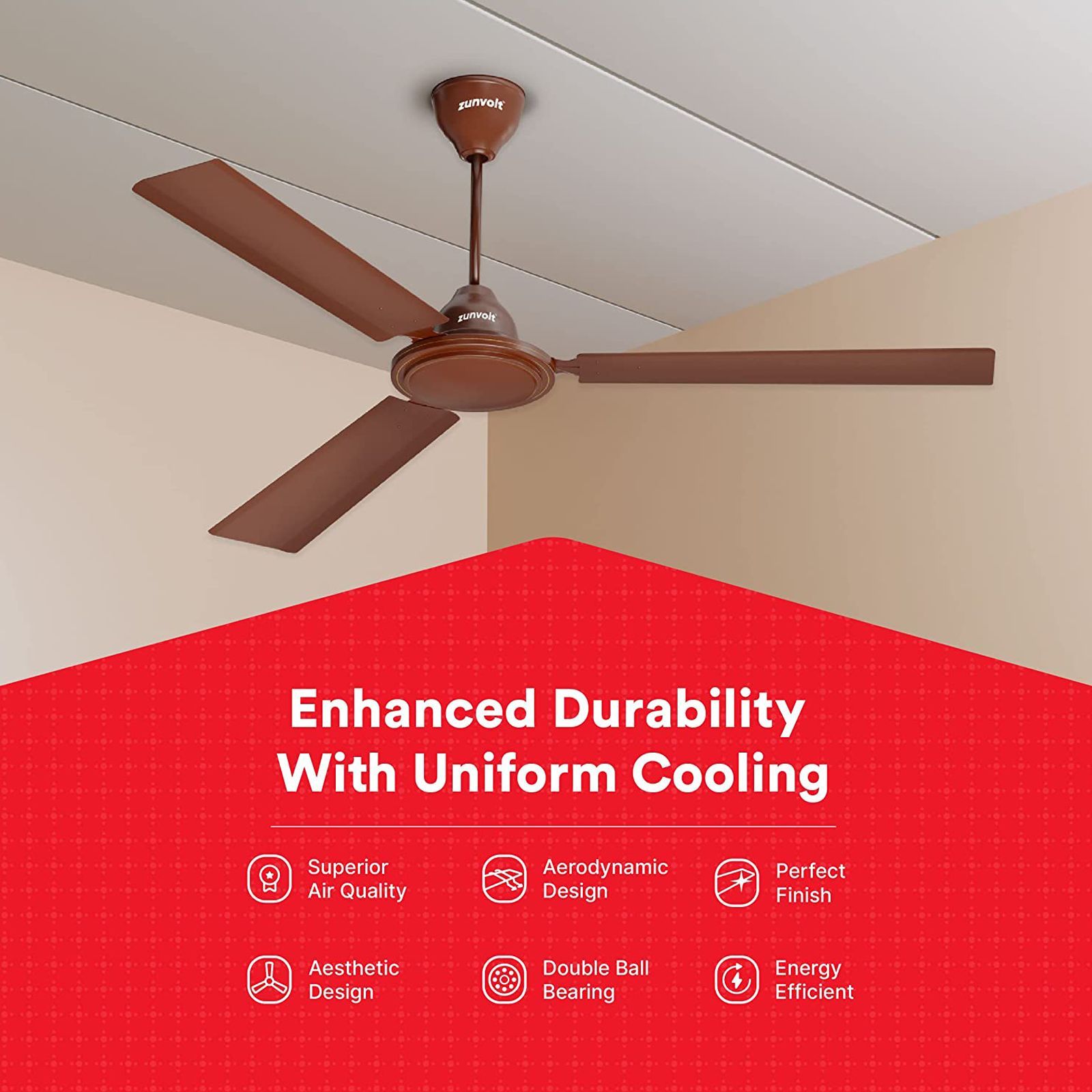 zunpulse Thunder 1200mm 3 Blade High Speed Ceiling Fan (Low Power Consumption, Brown)_7