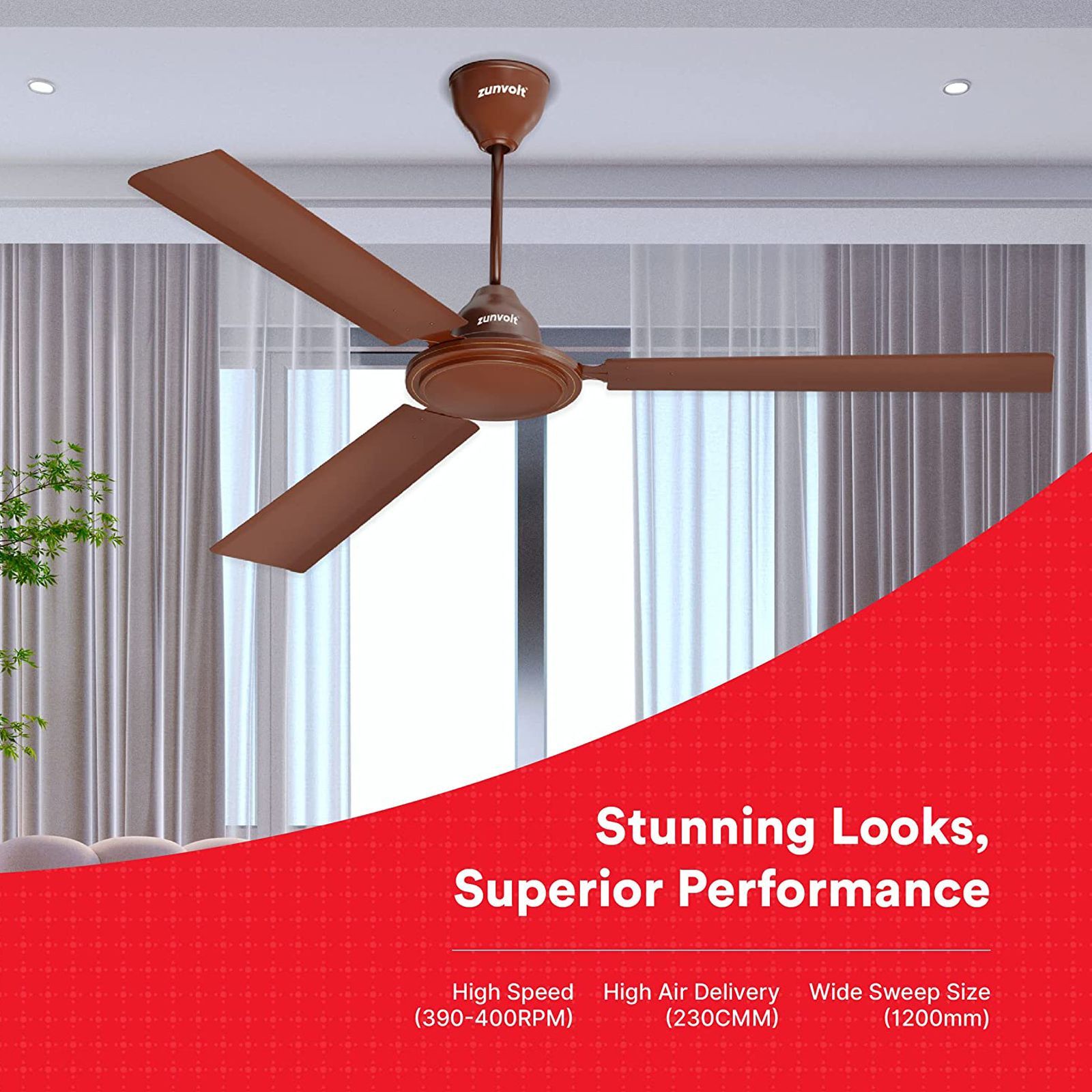 zunpulse Thunder 1200mm 3 Blade High Speed Ceiling Fan (Low Power Consumption, Brown)_5