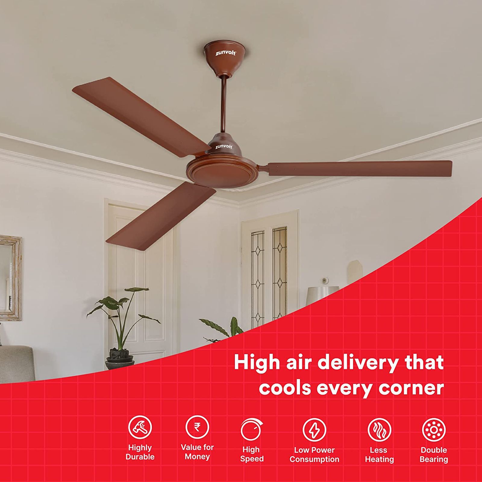 zunpulse Thunder 1200mm 3 Blade High Speed Ceiling Fan (Low Power Consumption, Brown)_6