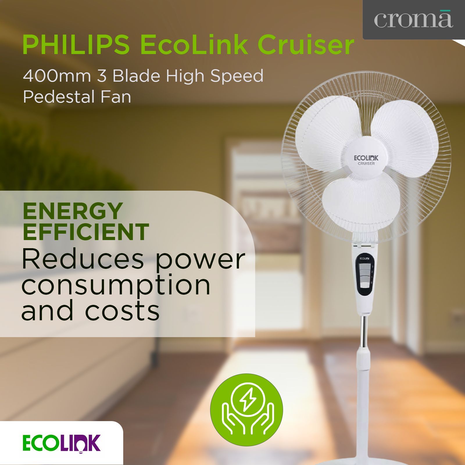 PHILIPS EcoLink Cruiser 400mm 3 Blade High Speed Pedestal Fan (Thermal Overload Protection, White) PHILIPS EcoLink Cruiser 400mm 3 Blade High Speed Pedestal Fan (Thermal Overload Protection, White)_5