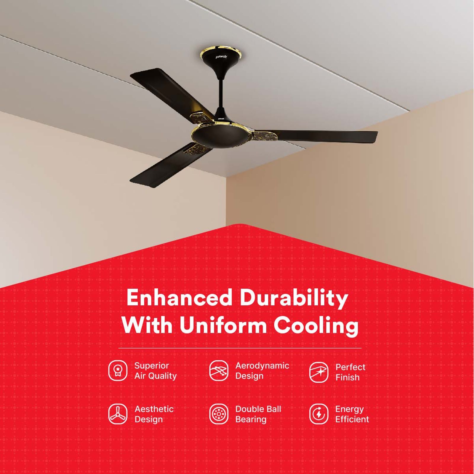 zunpulse Shimmer 1200mm 3 Blade High Grade Copper Ceiling Fan (Noiseless Operation, Smokey Brown)_7