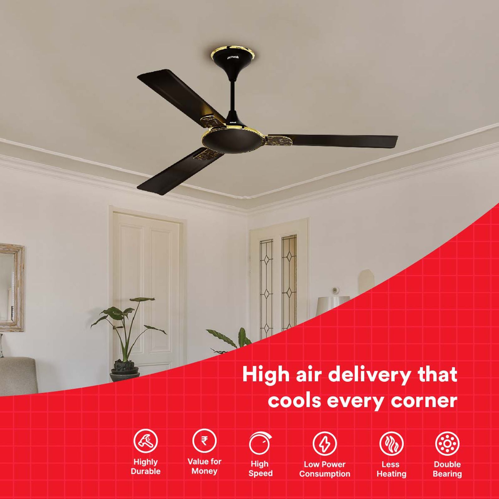 zunpulse Shimmer 1200mm 3 Blade High Grade Copper Ceiling Fan (Noiseless Operation, Smokey Brown)_10