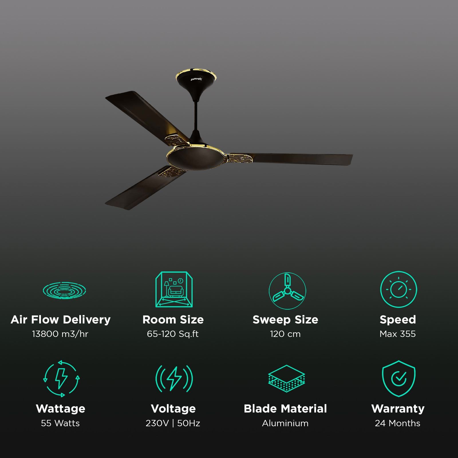 zunpulse Shimmer 1200mm 3 Blade High Grade Copper Ceiling Fan (Noiseless Operation, Smokey Brown)_3