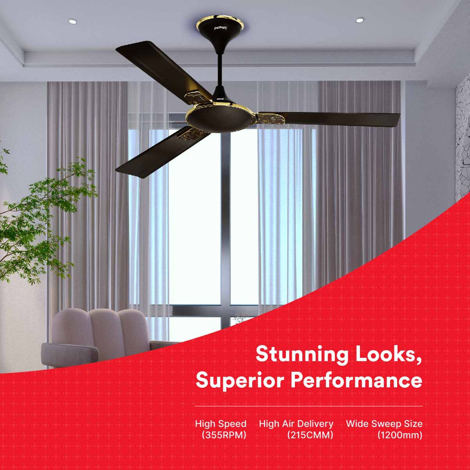 zunpulse Shimmer 1200mm 3 Blade High Grade Copper Ceiling Fan (Noiseless Operation, Smokey Brown)_6