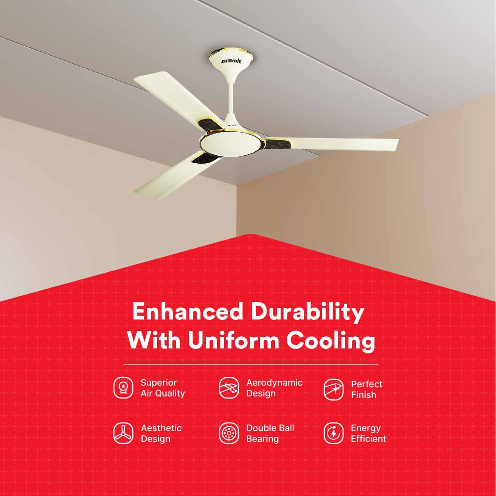zunpulse Shimmer 1200mm 3 Blade High Grade Copper Ceiling Fan (Noiseless Operation, Ivory)_8