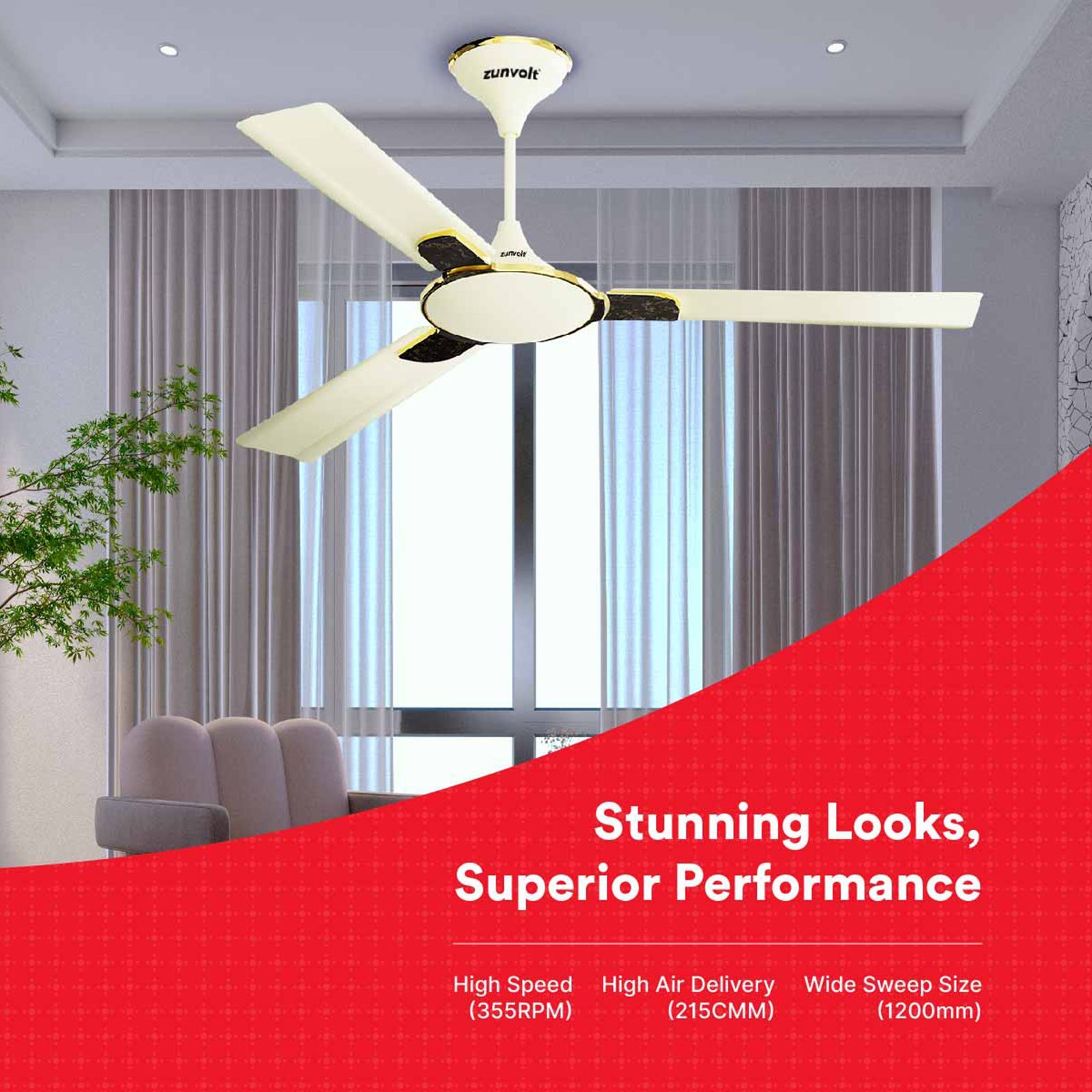 zunpulse Shimmer 1200mm 3 Blade High Grade Copper Ceiling Fan (Noiseless Operation, Ivory)_9