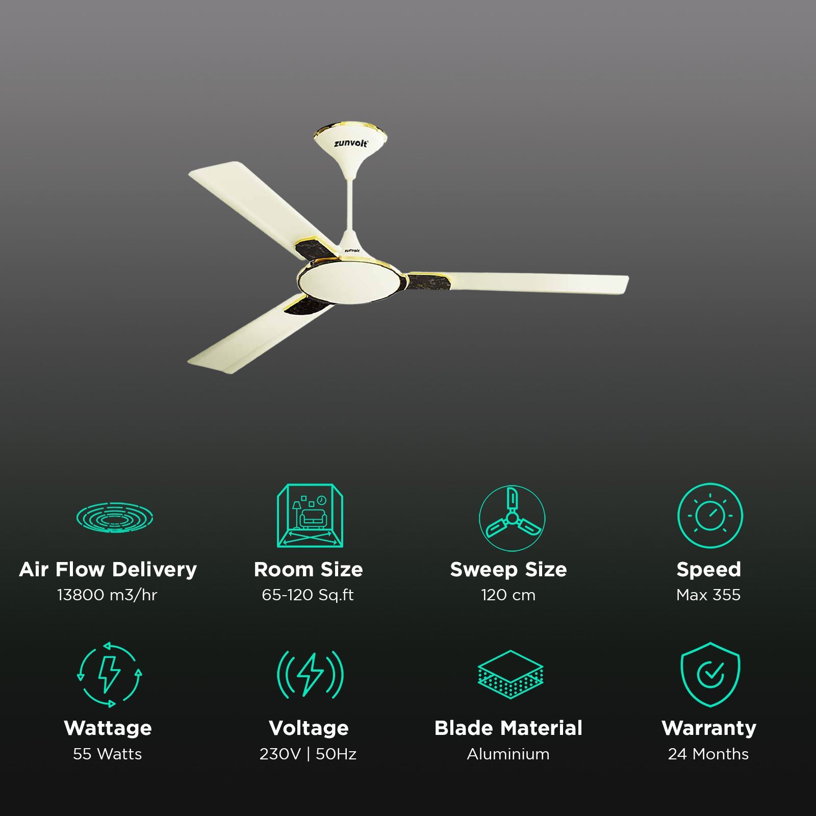 zunpulse Shimmer 1200mm 3 Blade High Grade Copper Ceiling Fan (Noiseless Operation, Ivory)_3