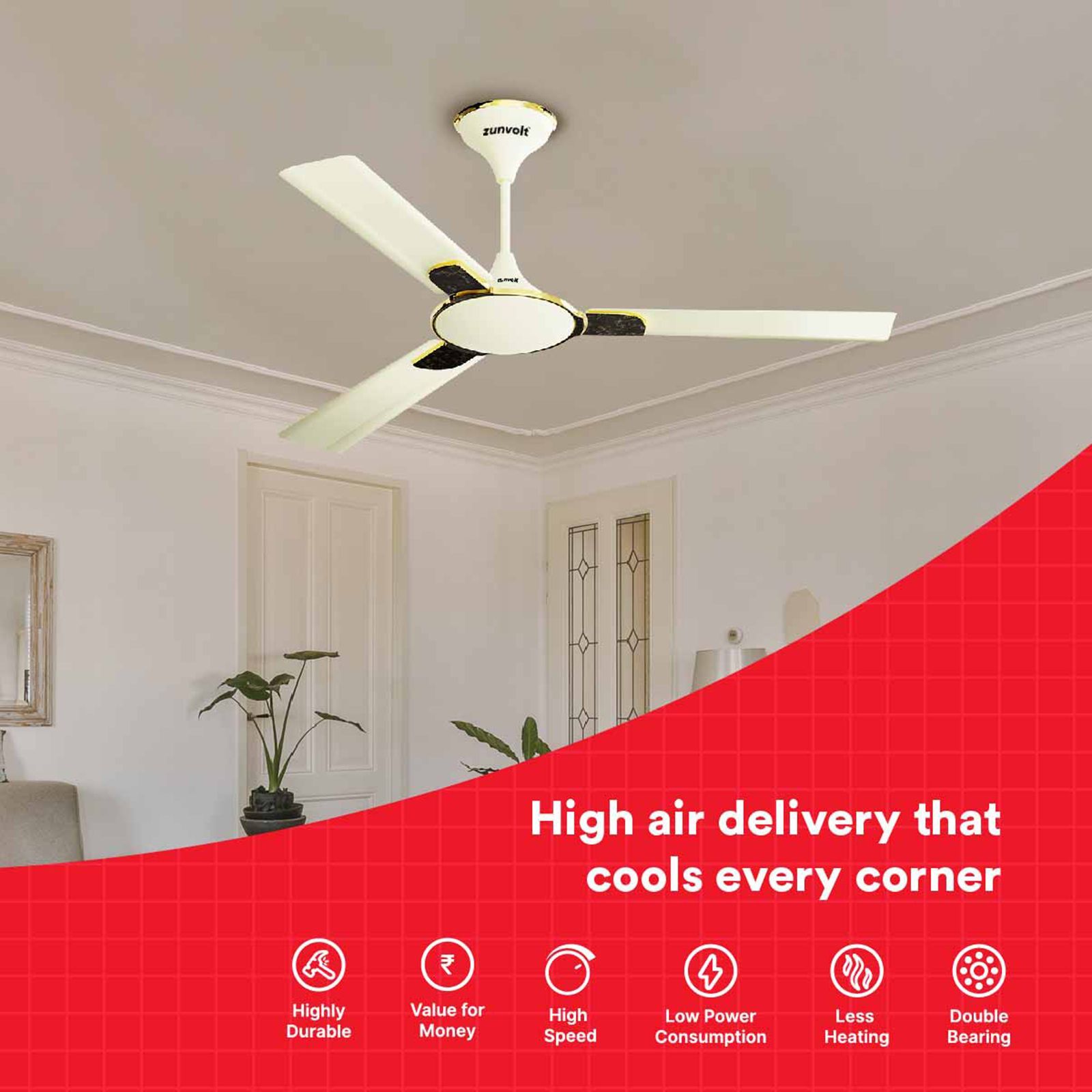 zunpulse Shimmer 1200mm 3 Blade High Grade Copper Ceiling Fan (Noiseless Operation, Ivory)_5