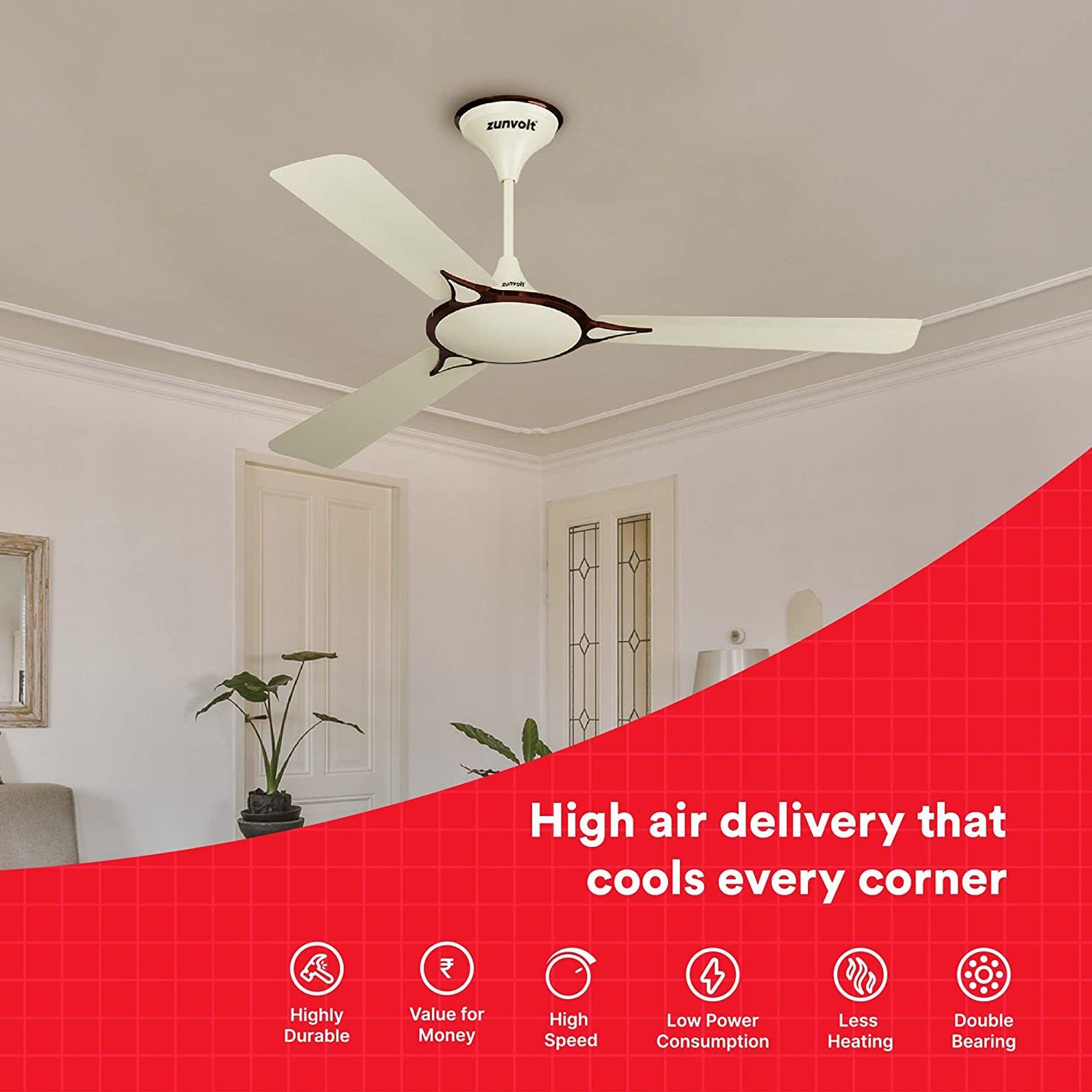 zunpulse Emperor 1200mm 3 Blade High Speed Ceiling Fan (Double Ball Bearing, Ivory)_5