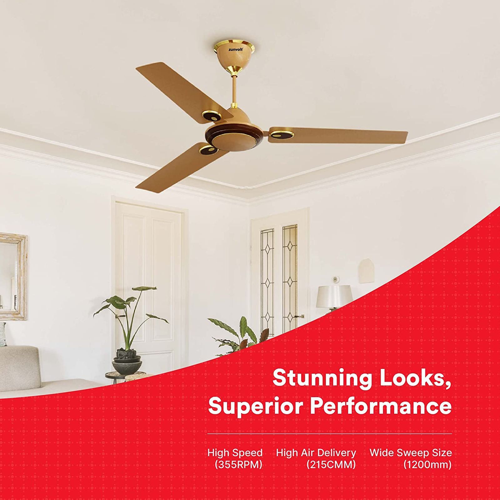 zunpulse Hera 1200mm 3 Blade High Speed Ceiling Fan (Double Ball Bearing, Golden & Brown)_7