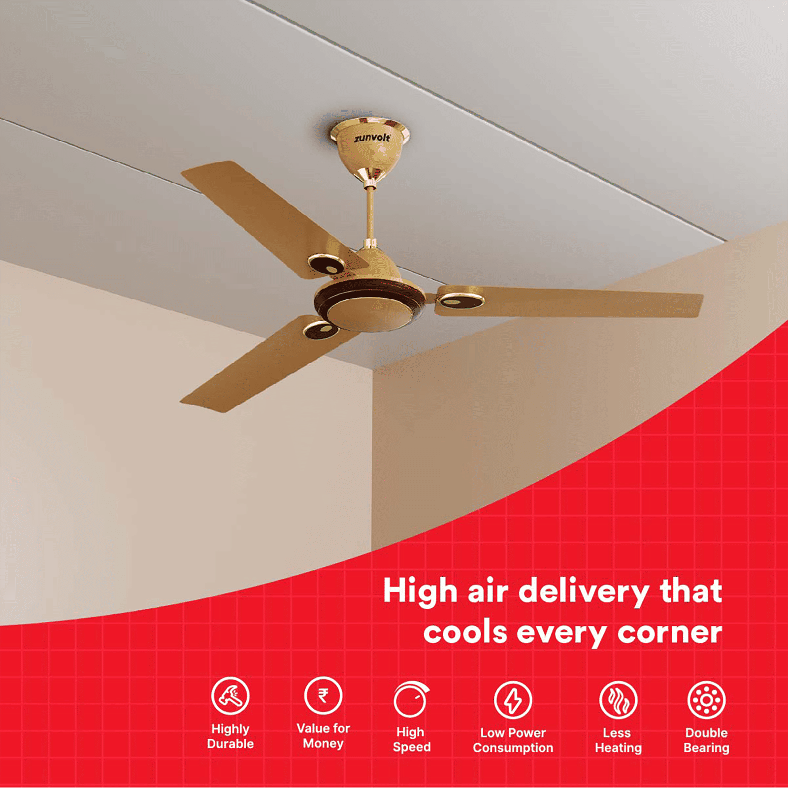 zunpulse Hera 1200mm 3 Blade High Speed Ceiling Fan (Double Ball Bearing, Golden & Brown)_10