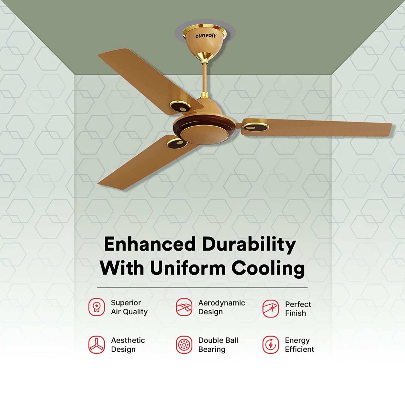 zunpulse Hera 1200mm 3 Blade High Speed Ceiling Fan (Double Ball Bearing, Golden & Brown)_11