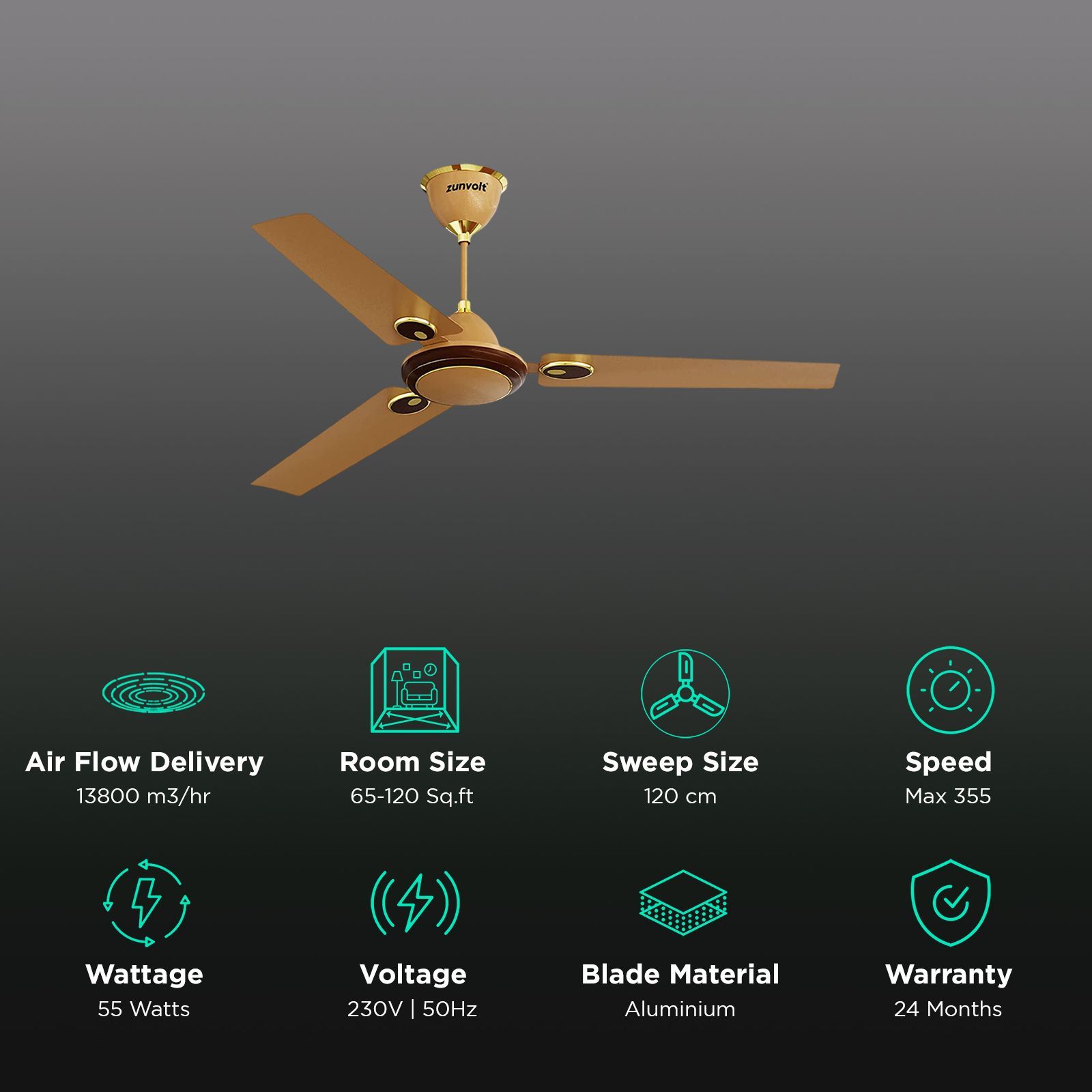 zunpulse Hera 1200mm 3 Blade High Speed Ceiling Fan (Double Ball Bearing, Golden & Brown)_3