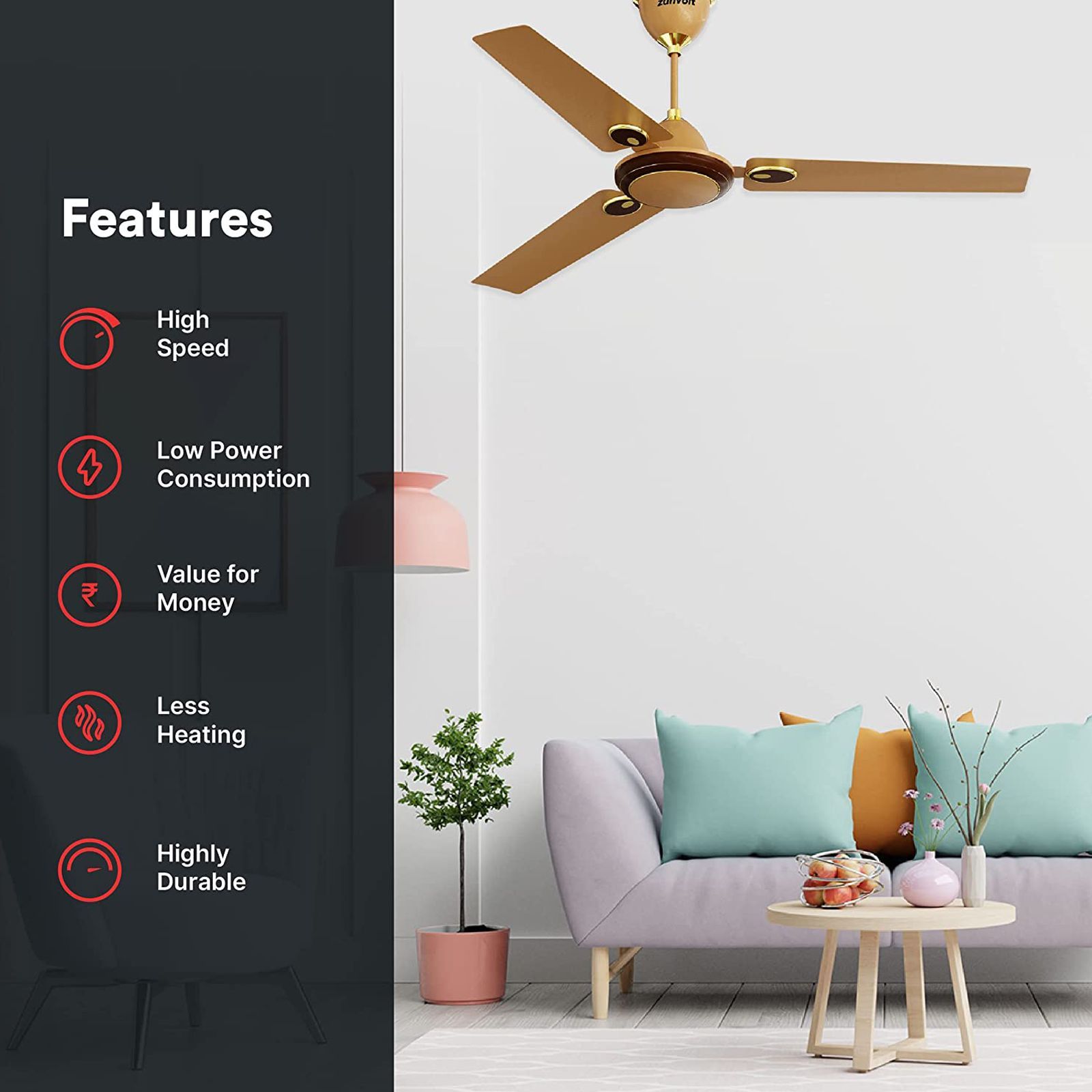 zunpulse Hera 1200mm 3 Blade High Speed Ceiling Fan (Double Ball Bearing, Golden & Brown)_5