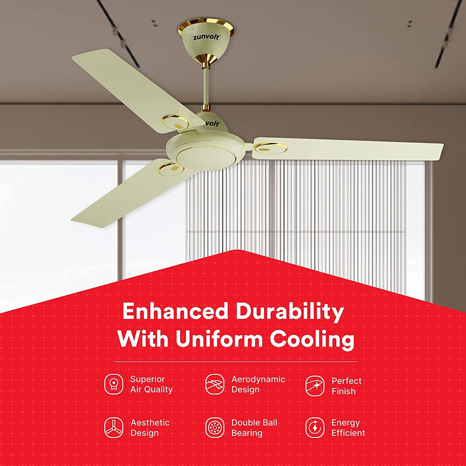 zunpulse Hera 1200mm 3 Blade High Speed Ceiling Fan (Double Ball Bearing, Ivory)_7