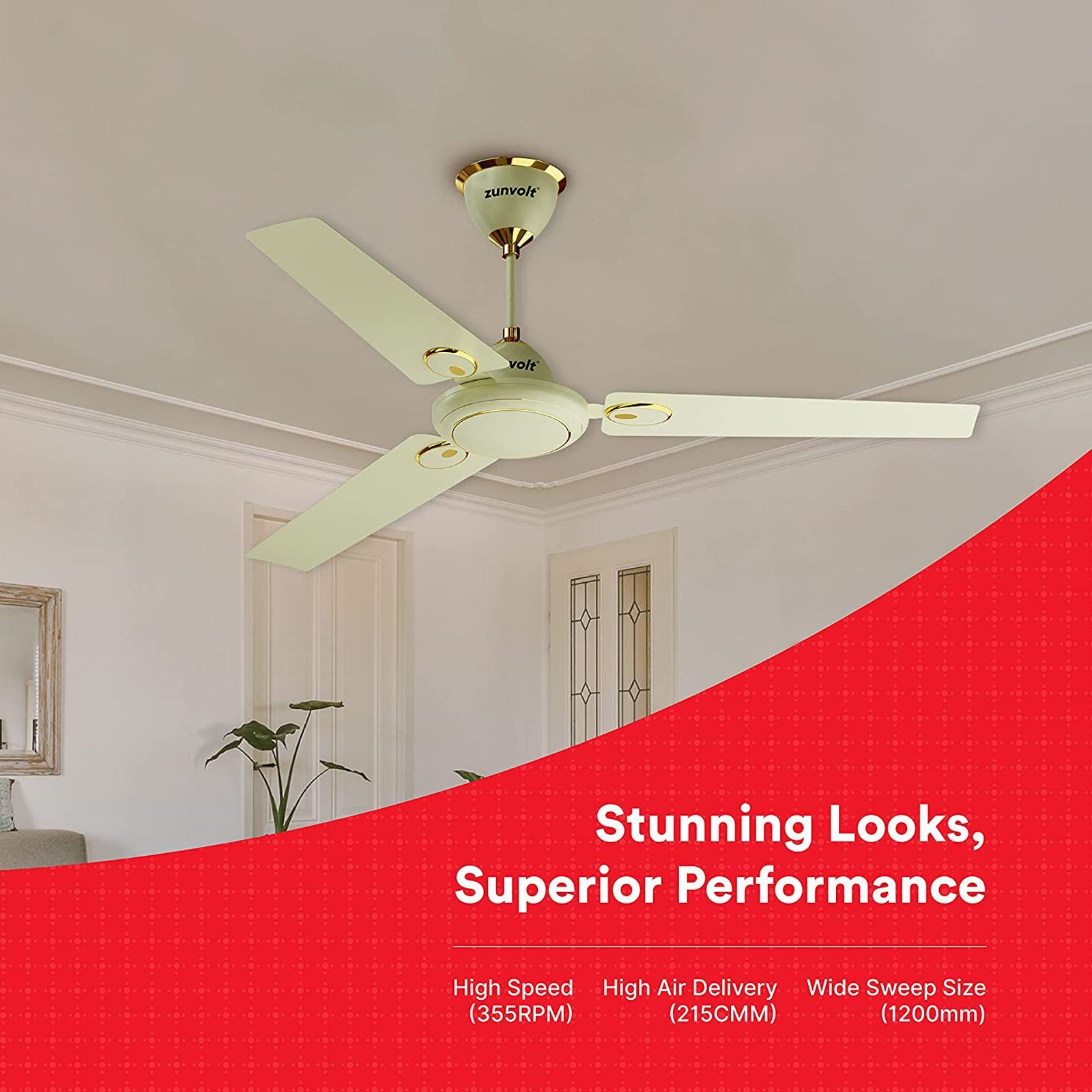 zunpulse Hera 1200mm 3 Blade High Speed Ceiling Fan (Double Ball Bearing, Ivory)_8