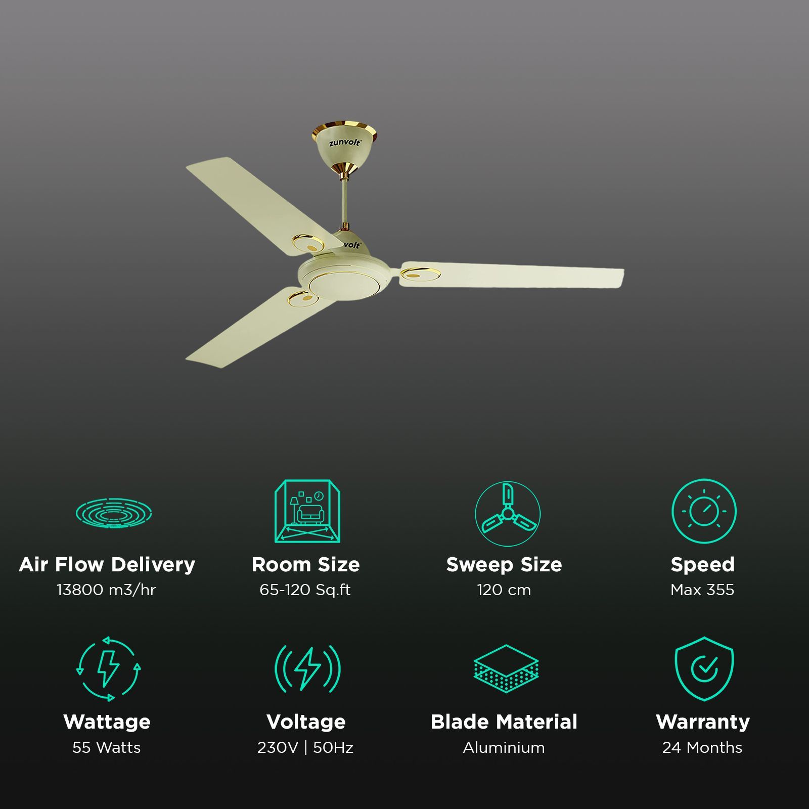 zunpulse Hera 1200mm 3 Blade High Speed Ceiling Fan (Double Ball Bearing, Ivory)_3