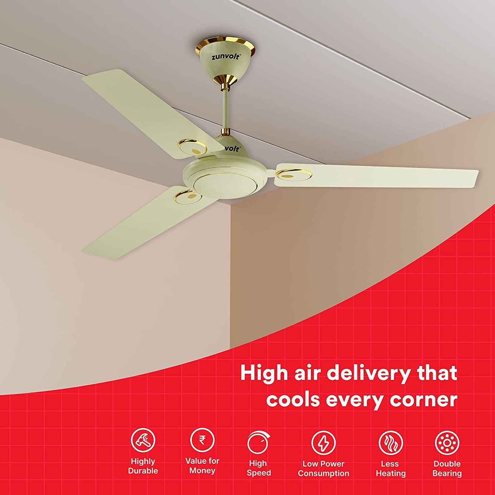 zunpulse Hera 1200mm 3 Blade High Speed Ceiling Fan (Double Ball Bearing, Ivory)_6