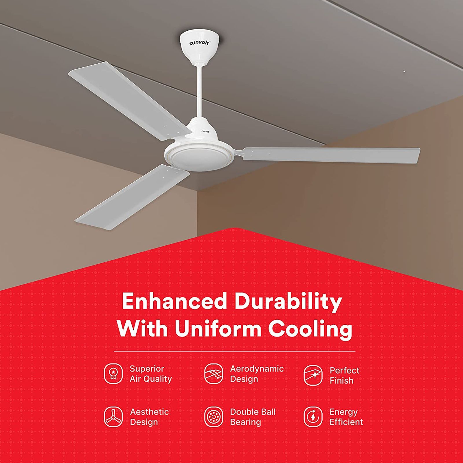 zunpulse Thundermax 1200mm 3 Blade High Speed Ceiling Fan (Low Power Consumption, White)_6