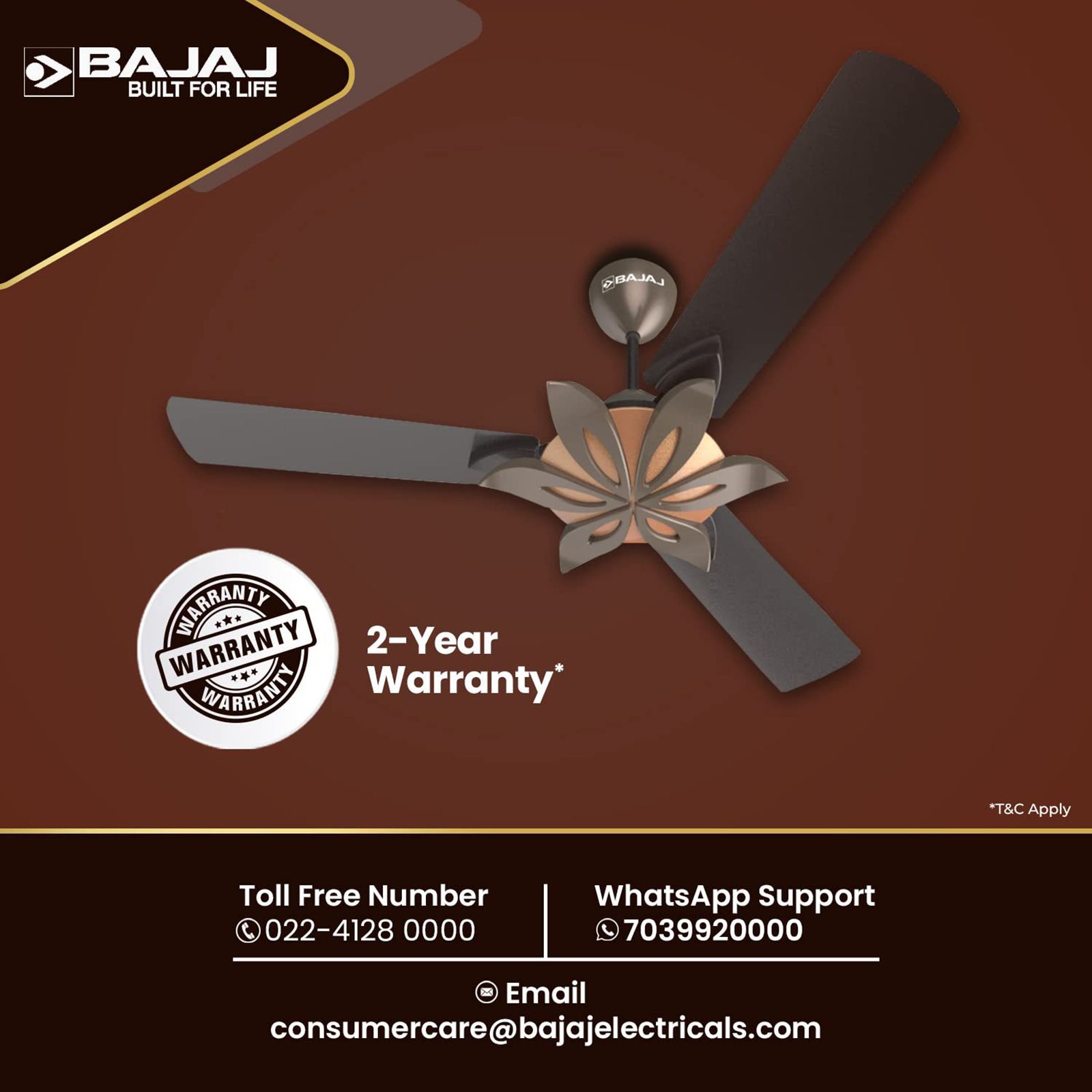 BAJAJ Floweret EE 1 Star 1200mm 3 Blade Anti Bacterial Ceiling Fan (Easy to Clean, Chocolate Brown)_10