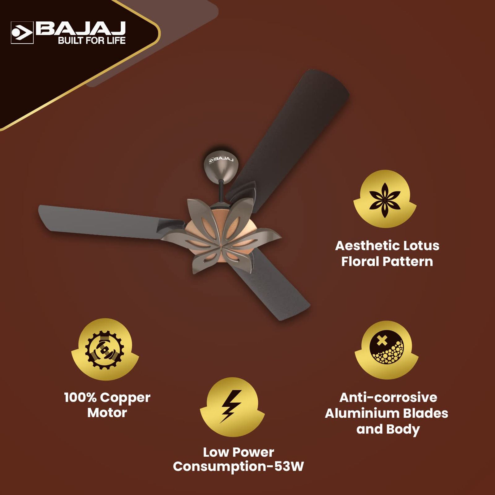 BAJAJ Floweret EE 1 Star 1200mm 3 Blade Anti Bacterial Ceiling Fan (Easy to Clean, Chocolate Brown)_5