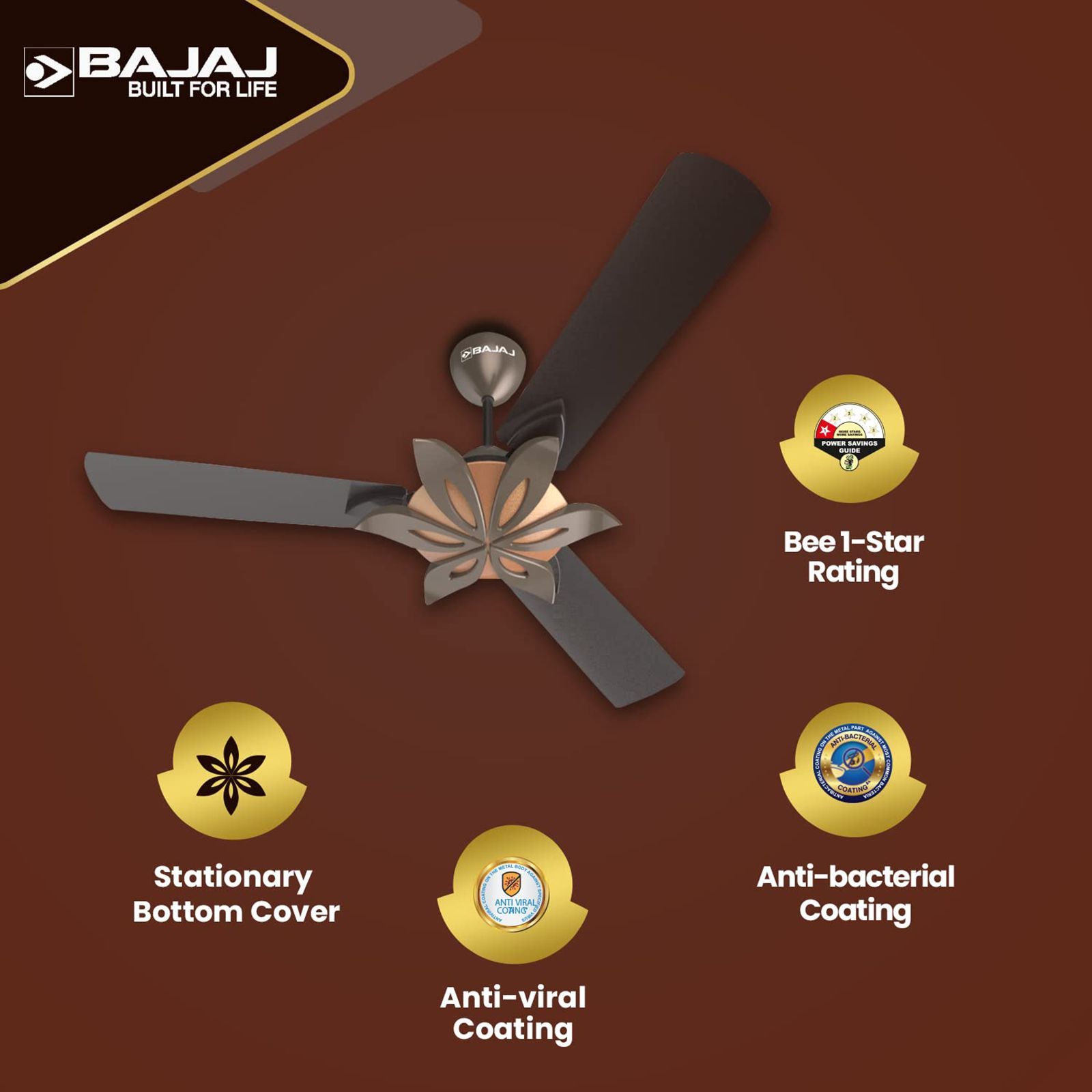 BAJAJ Floweret EE 1 Star 1200mm 3 Blade Anti Bacterial Ceiling Fan (Easy to Clean, Chocolate Brown)_6