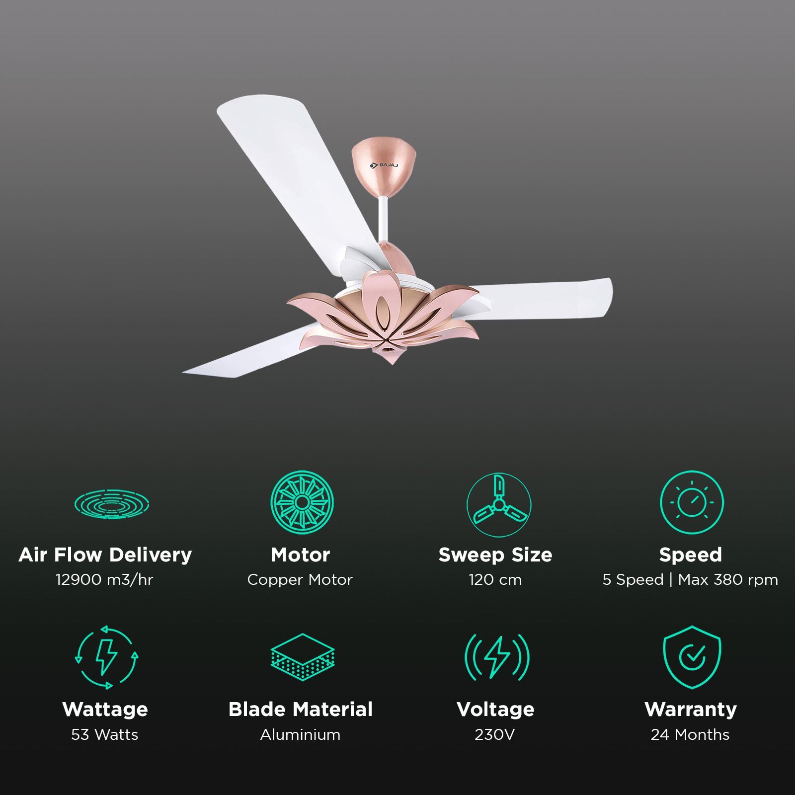 BAJAJ Floweret EE 1 Star 1200mm 3 Blade Anti Bacterial Ceiling Fan (Easy to Clean, White)_3