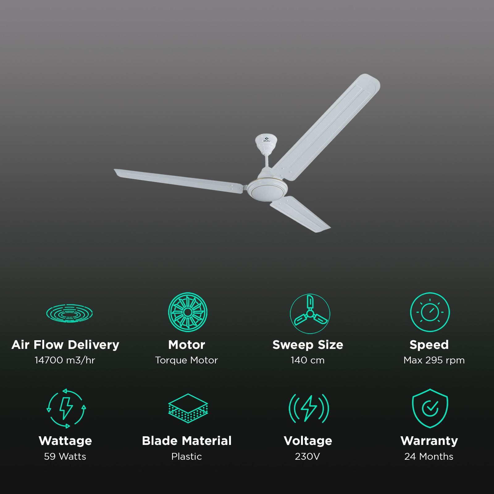 BAJAJ Bahar 1400mm 3 Blade Rust Proof Ceiling Fan (High Torque Motor, White)_3