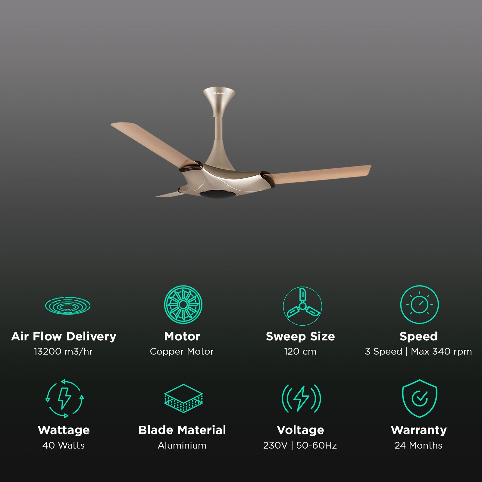 BAJAJ Esperanza 4 Star 1200mm 3 Blade Silent Operation Ceiling Fan (Strong Copper Motor, Topaz)_3