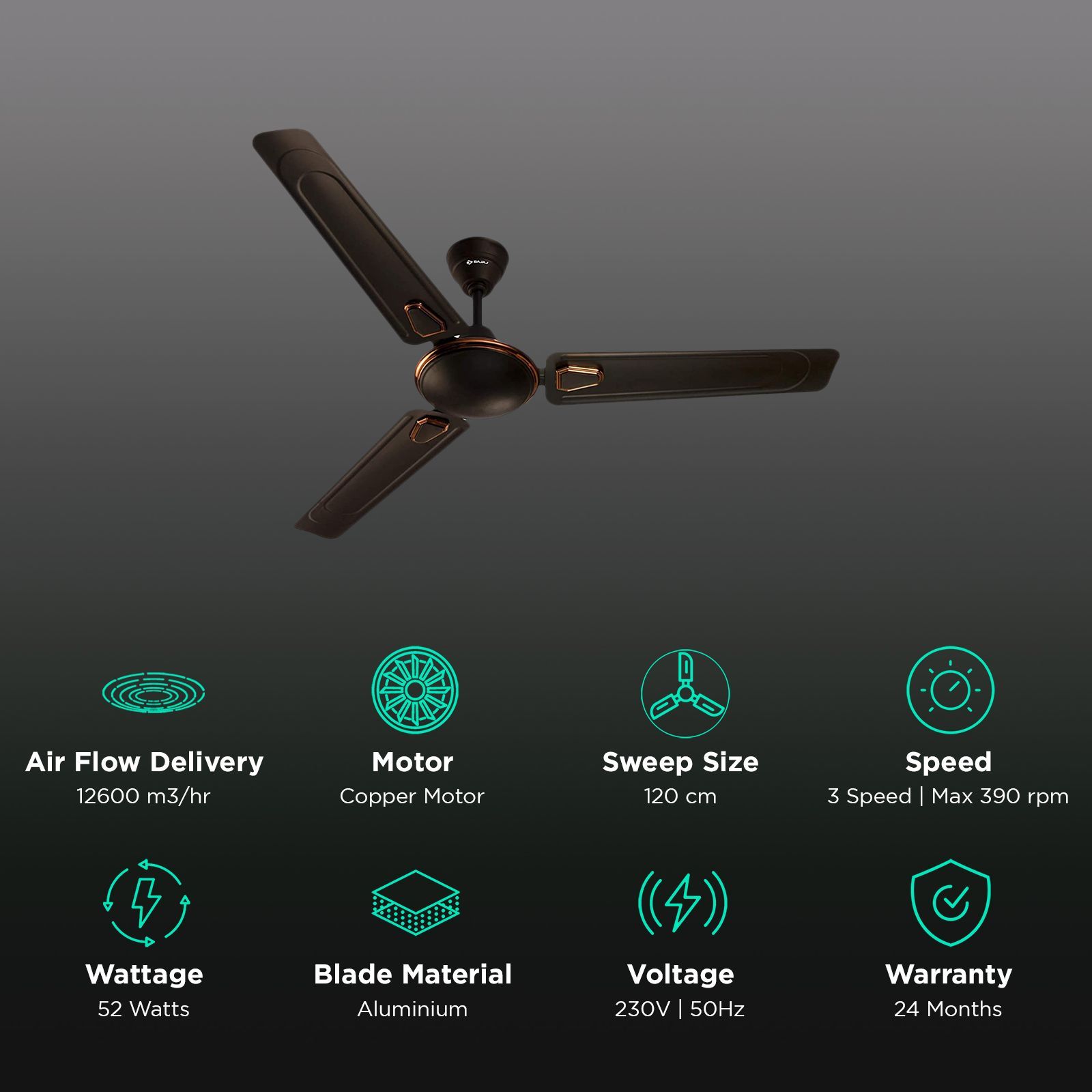 BAJAJ Economy Deco 1200mm 3 Blade Powerful Performance Ceiling Fan (Energy Efficient, Choko Brown)_3