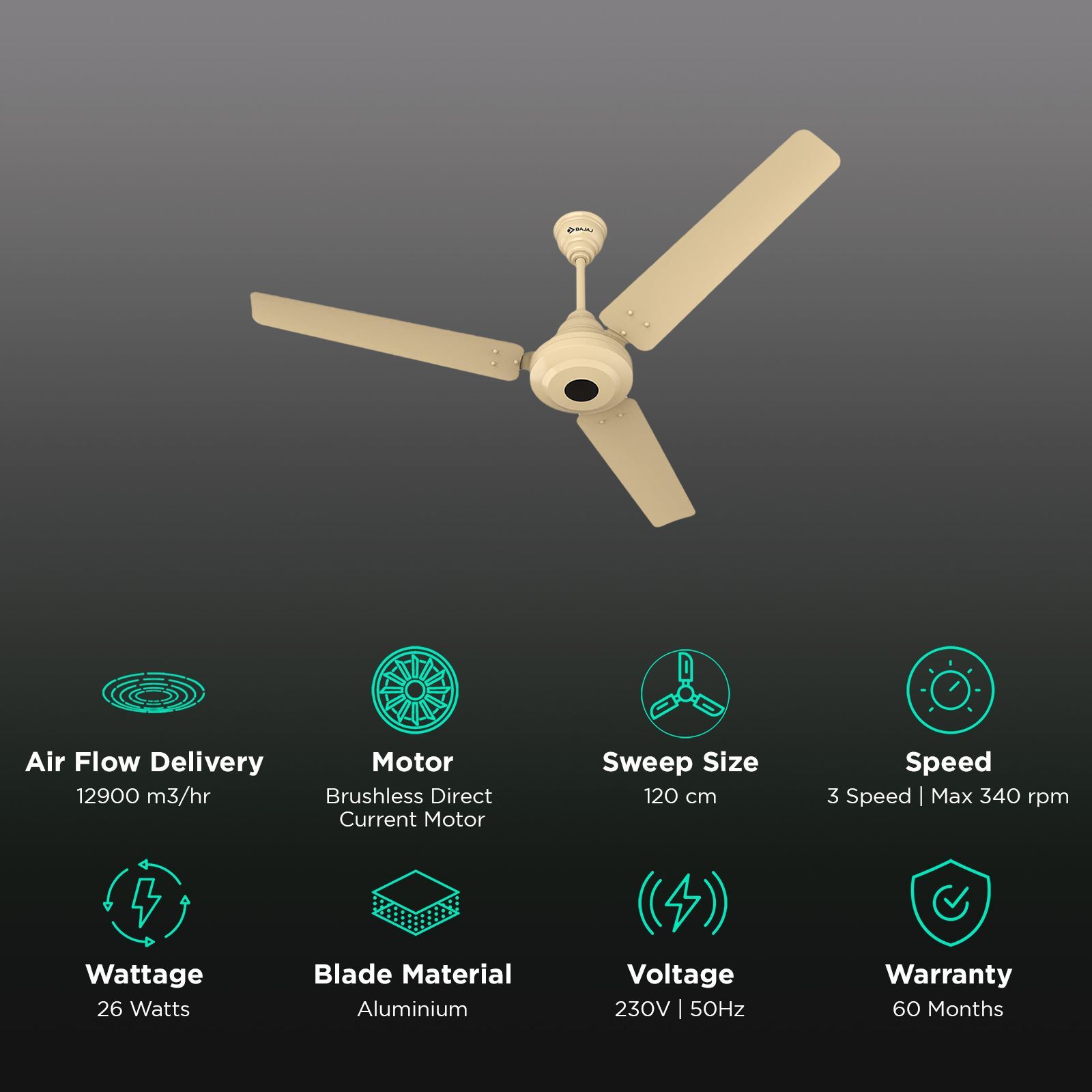 BAJAJ Energos 26 5 Star 1200mm 3 Blade BLDC Motor Ceiling Fan (Silent Operation, Base Ivory)_3