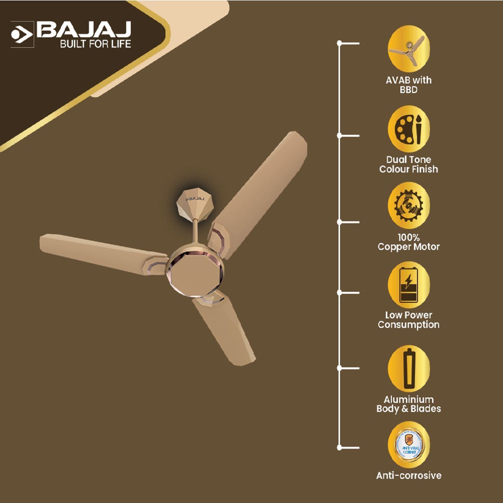 BAJAJ Junet EE 1 Star 1200mm 3 Blade Anti Bacterial Ceiling Fan (Dual Tone Finish, Bronze & Rustic Copper)_5
