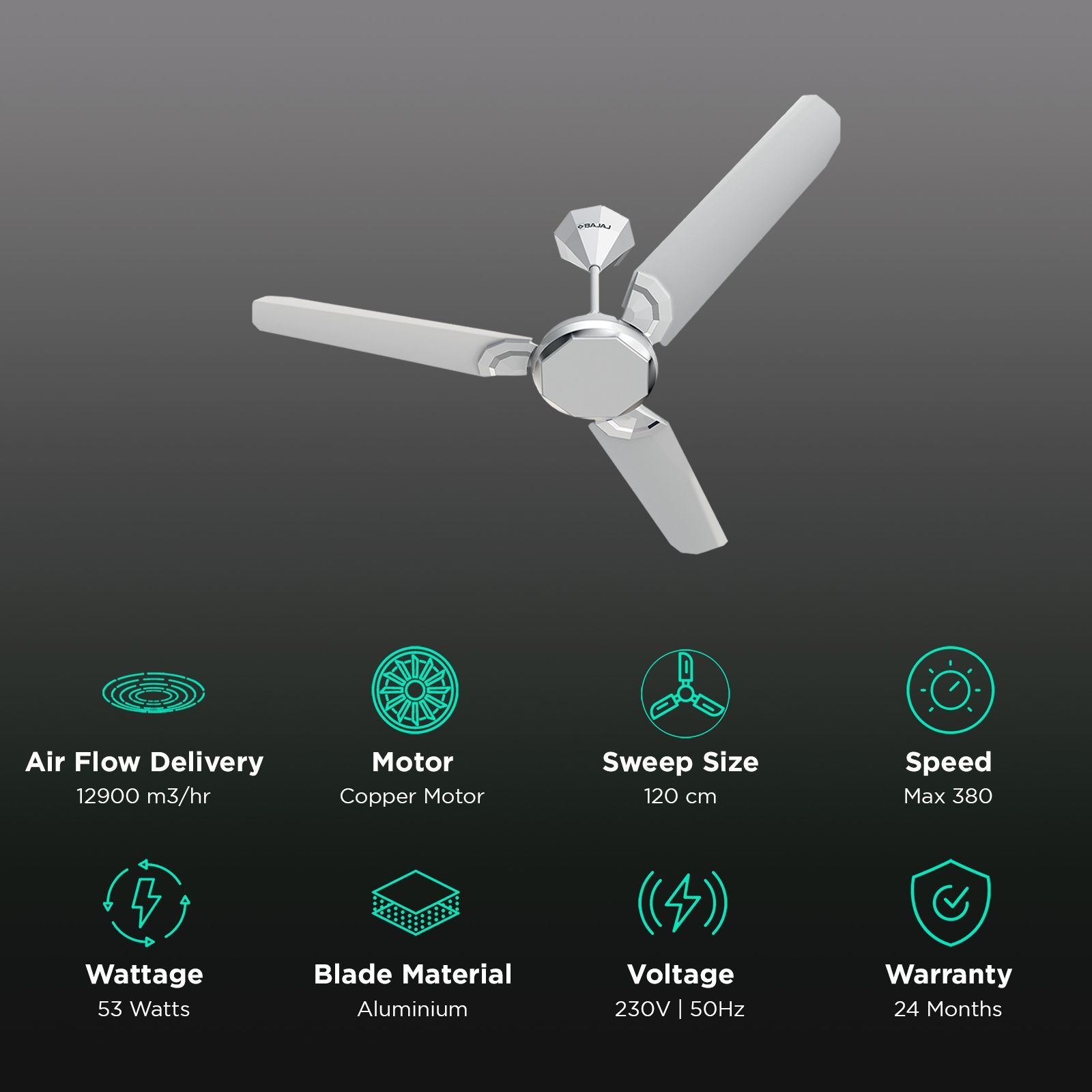 BAJAJ 251693EE 1 Star 1200mm 3 Blade Anti Bacterial Ceiling Fan ( Dual Tone Finish, Sparkle White & Chrome)_3