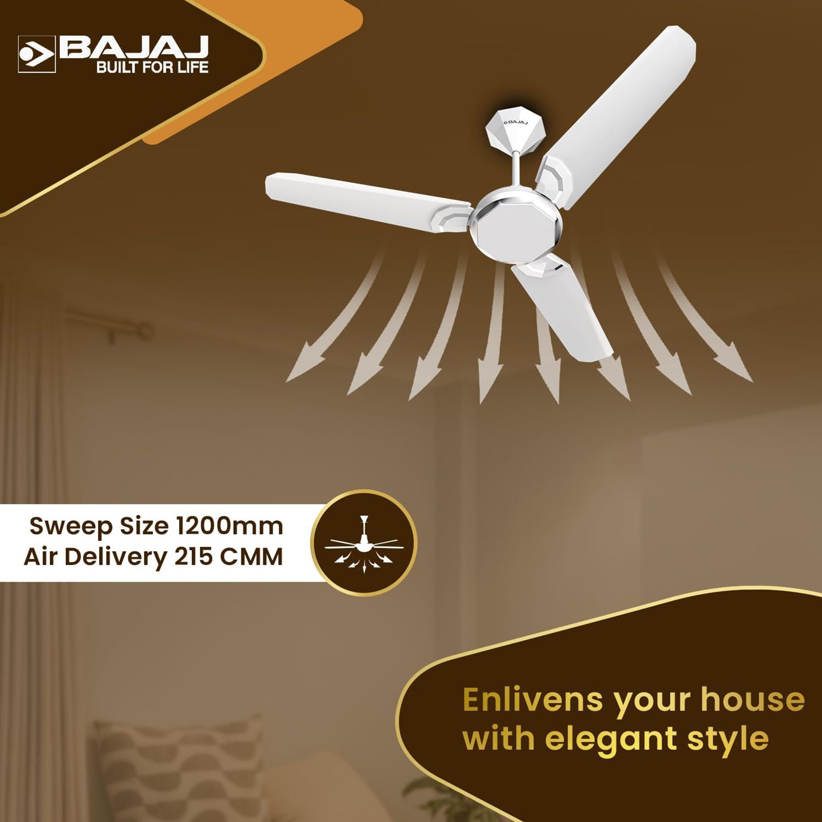 BAJAJ 251693EE 1 Star 1200mm 3 Blade Anti Bacterial Ceiling Fan ( Dual Tone Finish, Sparkle White & Chrome)_6