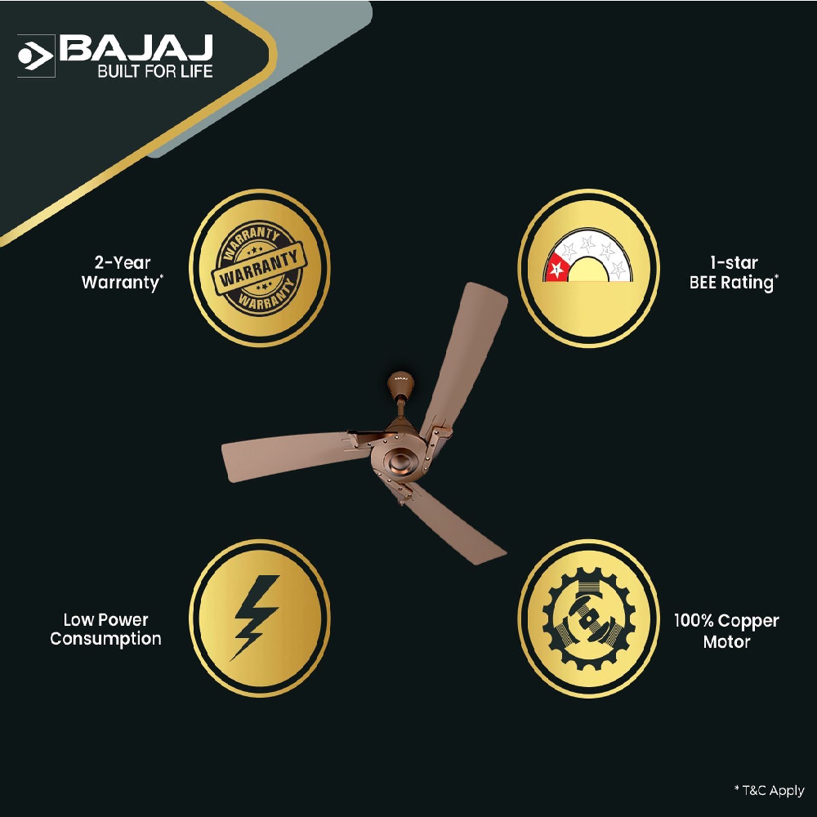 BAJAJ Euro Prime 1 Star 1200mm 3 Blade Anti Bacterial Ceiling Fan (Dual Tone Trims, Brown & Bronze)_6