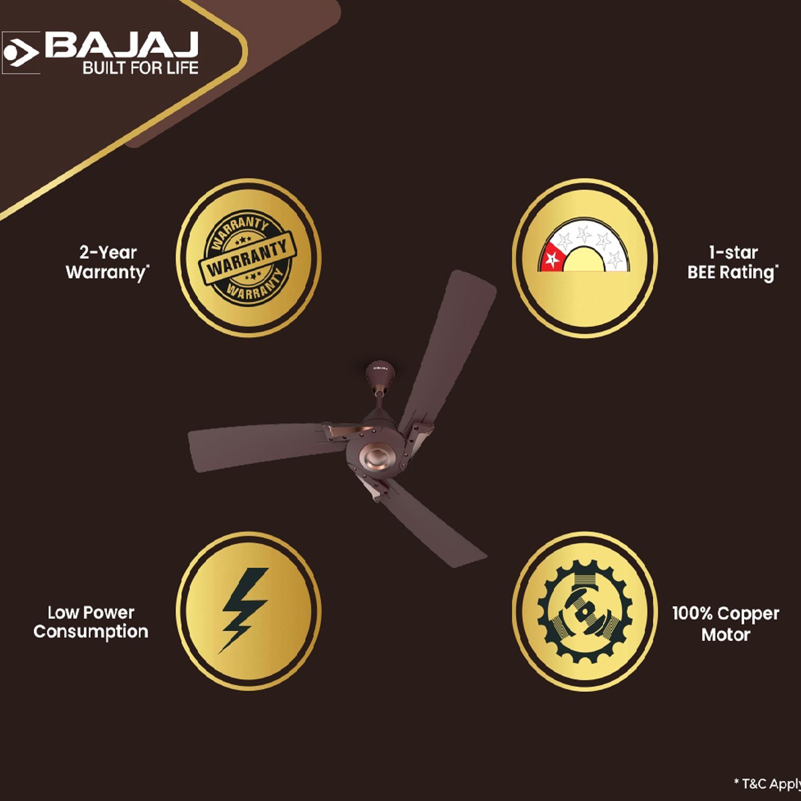 BAJAJ Euro Prime EE 1 Star 1200mm 3 Blade Silent Operation Ceiling Fan (Anti Bacterial, Walnut & Copper)_10