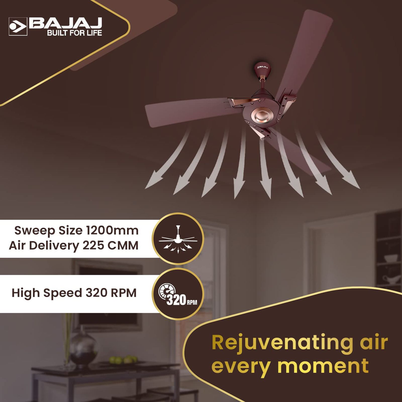 BAJAJ Euro Prime EE 1 Star 1200mm 3 Blade Silent Operation Ceiling Fan (Anti Bacterial, Walnut & Copper)_5