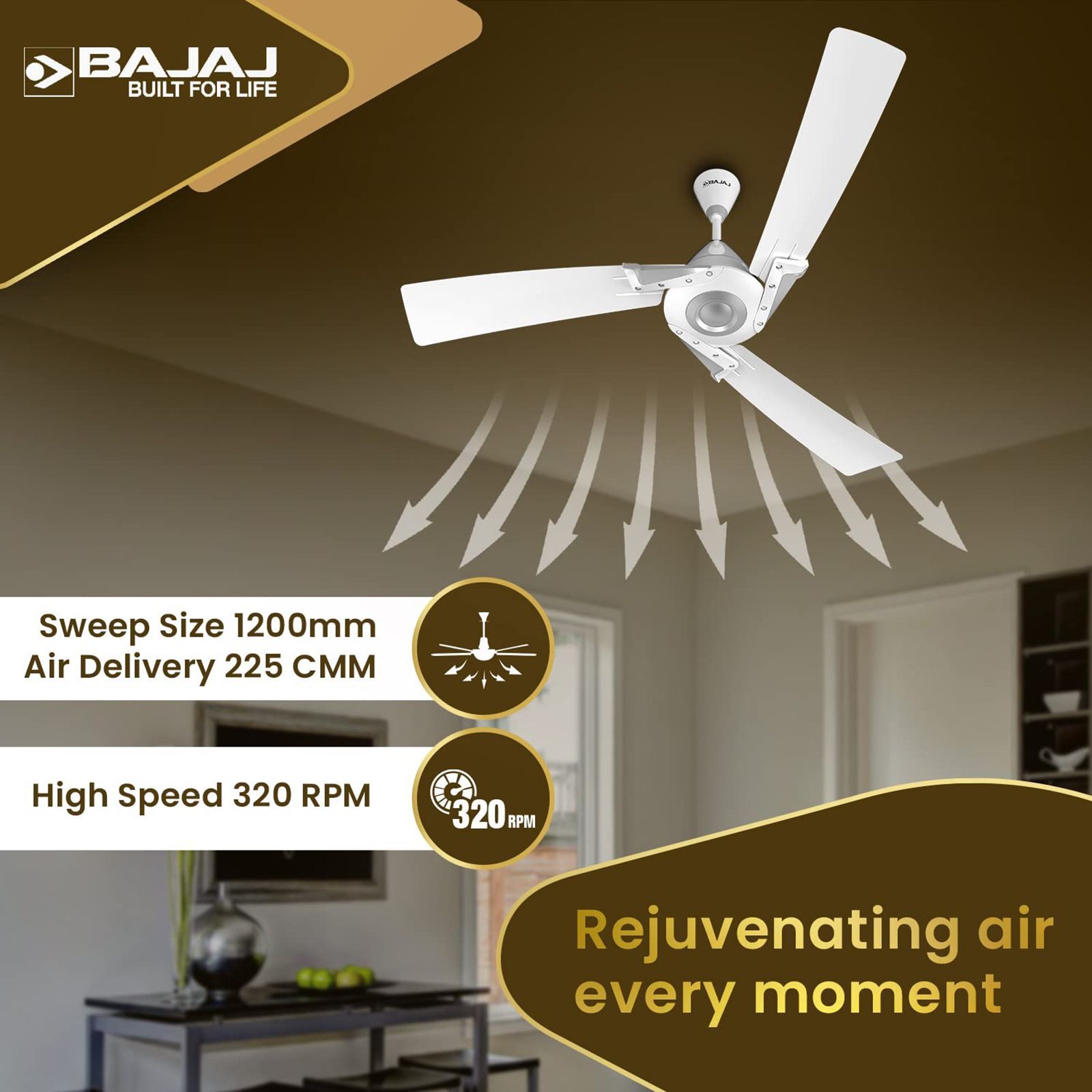 BAJAJ Euro Prime EE 1 Star 1200mm 3 Blade Silent Operation Ceiling Fan (Anti Bacterial, White & Silver)_8
