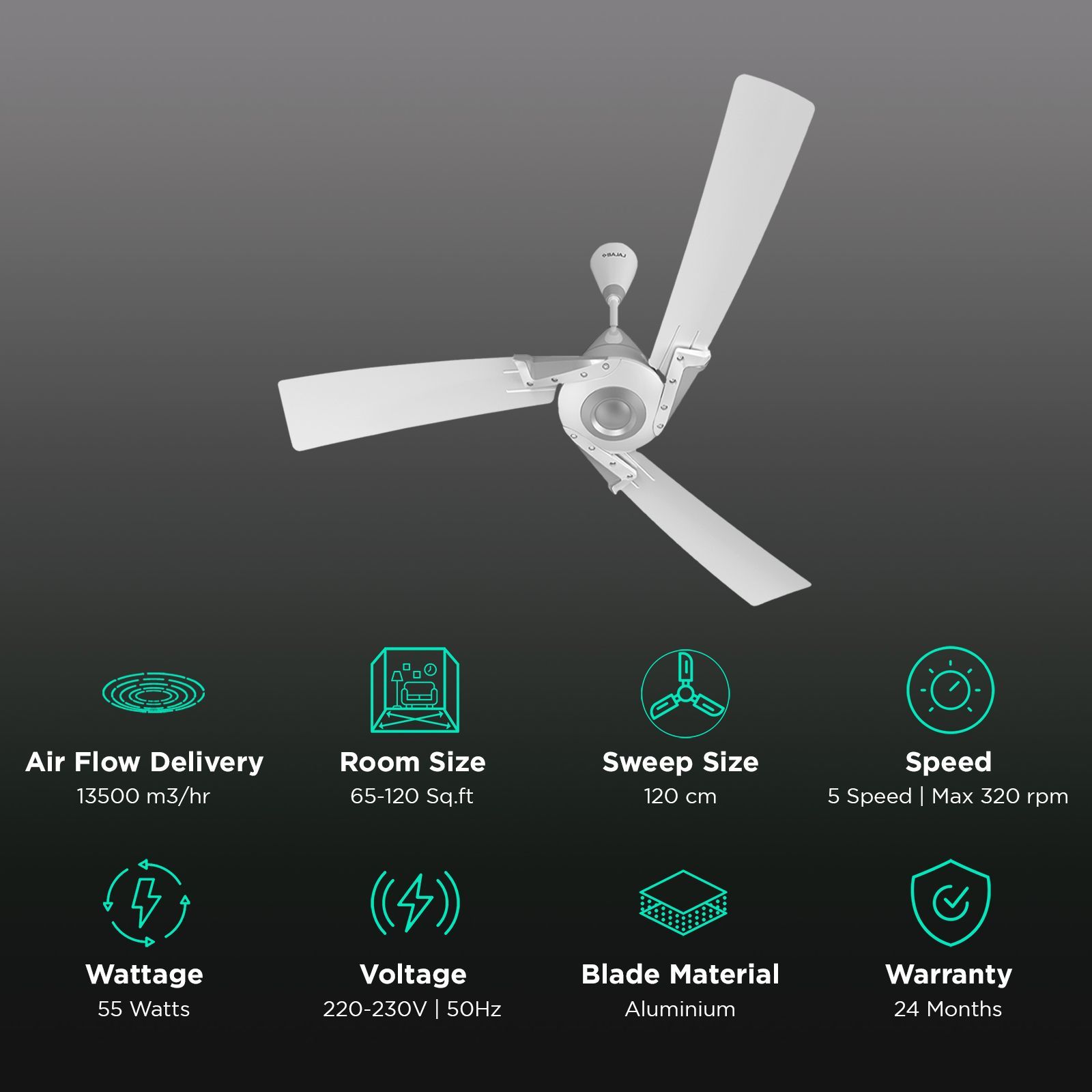 BAJAJ Euro Prime EE 1 Star 1200mm 3 Blade Silent Operation Ceiling Fan (Anti Bacterial, White & Silver)_3