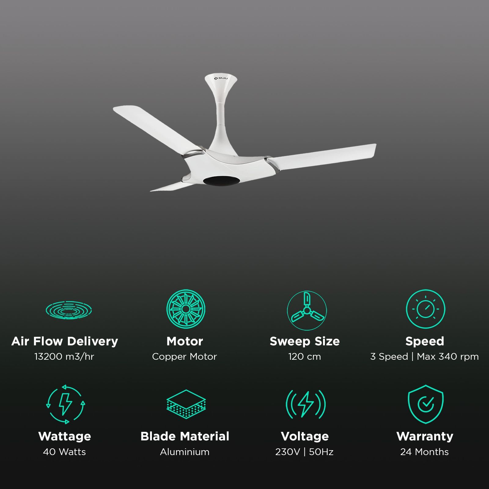 BAJAJ Esperanza 4 Star 1200mm 3 Blade Silent Operation Ceiling Fan (Strong Copper Motor, Glossy White)_3