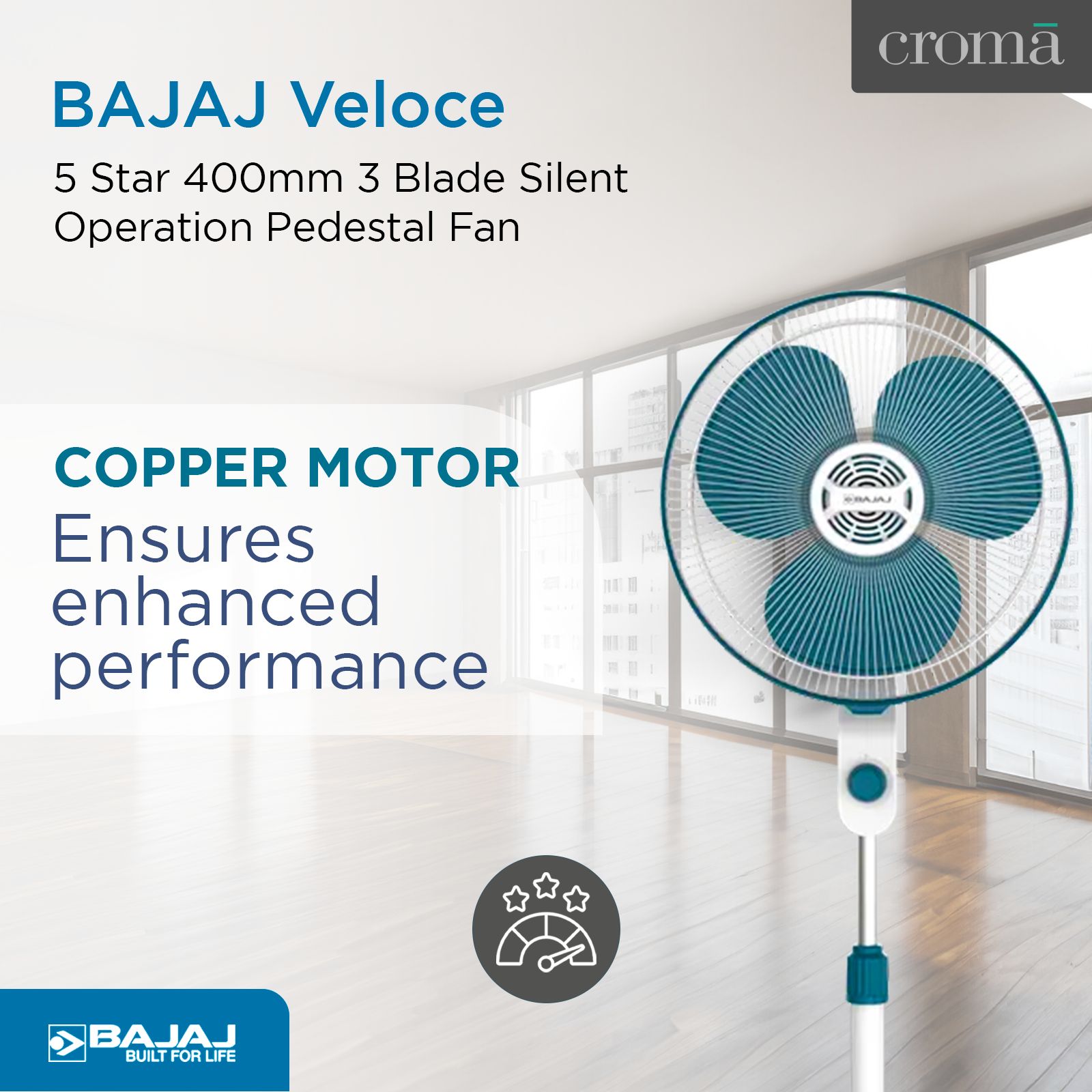 BAJAJ Veloce 5 Star 400mm 3 Blade Silent Operation Pedestal Fan (Thermal Overload Protector, White & Ocean Blue)_6