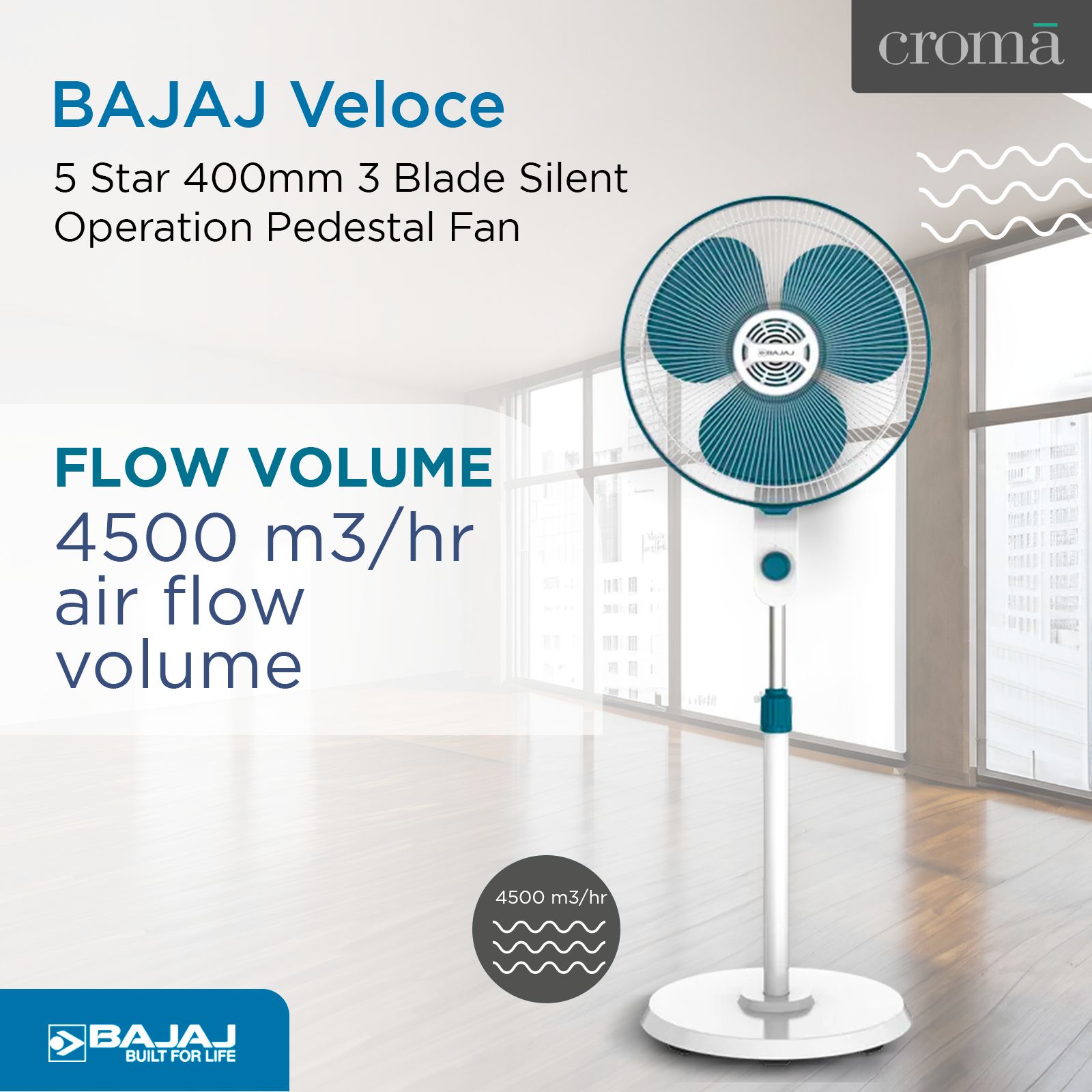 BAJAJ Veloce 5 Star 400mm 3 Blade Silent Operation Pedestal Fan (Thermal Overload Protector, White & Ocean Blue)_4