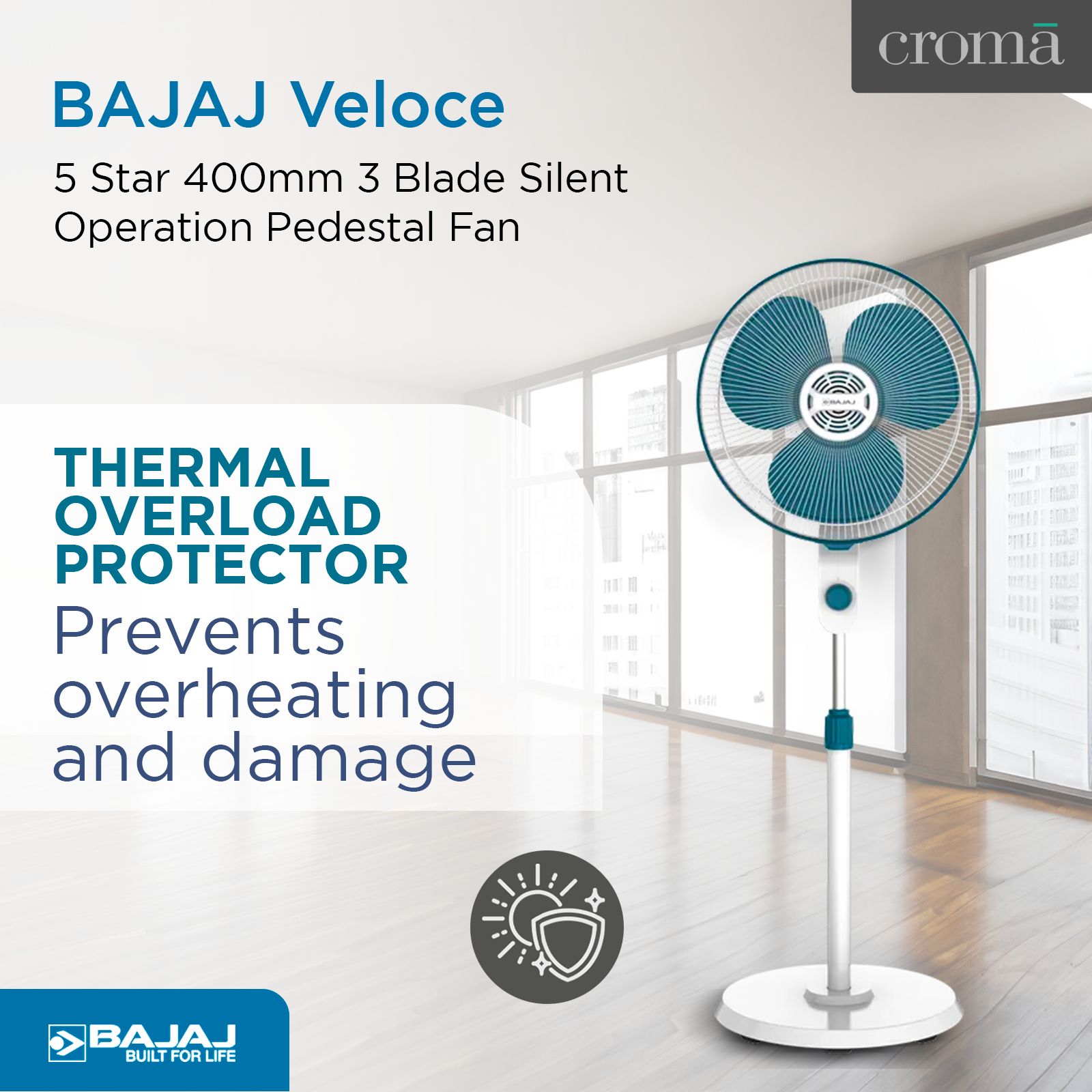 BAJAJ Veloce 5 Star 400mm 3 Blade Silent Operation Pedestal Fan (Thermal Overload Protector, White & Ocean Blue)_5
