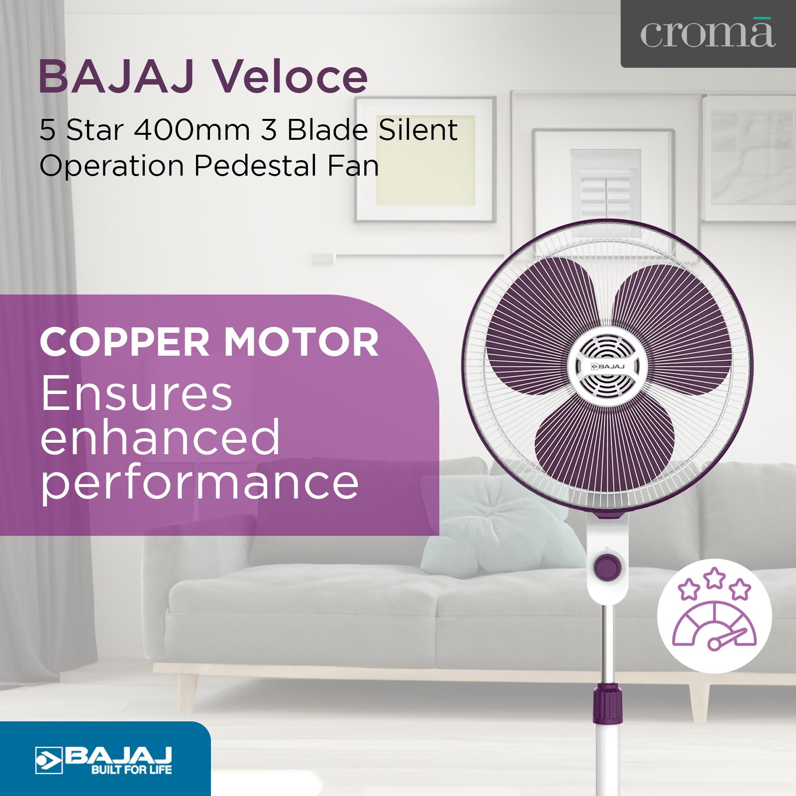 BAJAJ Veloce 5 Star 400mm 3 Blade Silent Operation Pedestal Fan (Thermal Overload Protector, White & Purple)_6