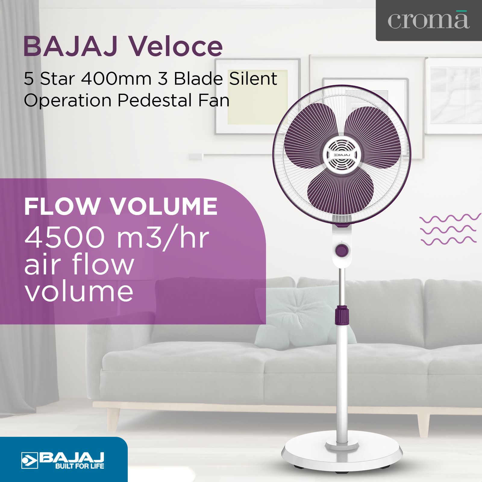 BAJAJ Veloce 5 Star 400mm 3 Blade Silent Operation Pedestal Fan (Thermal Overload Protector, White & Purple)_4