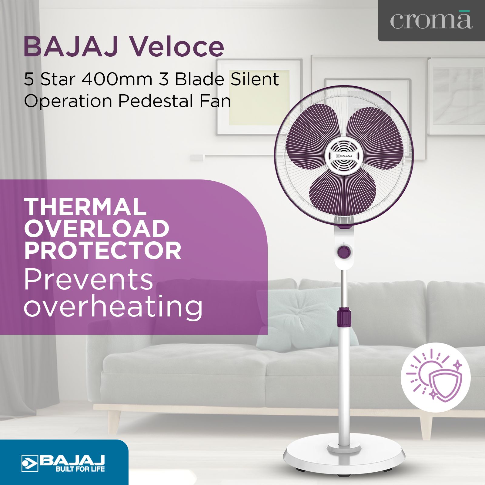 BAJAJ Veloce 5 Star 400mm 3 Blade Silent Operation Pedestal Fan (Thermal Overload Protector, White & Purple)_5