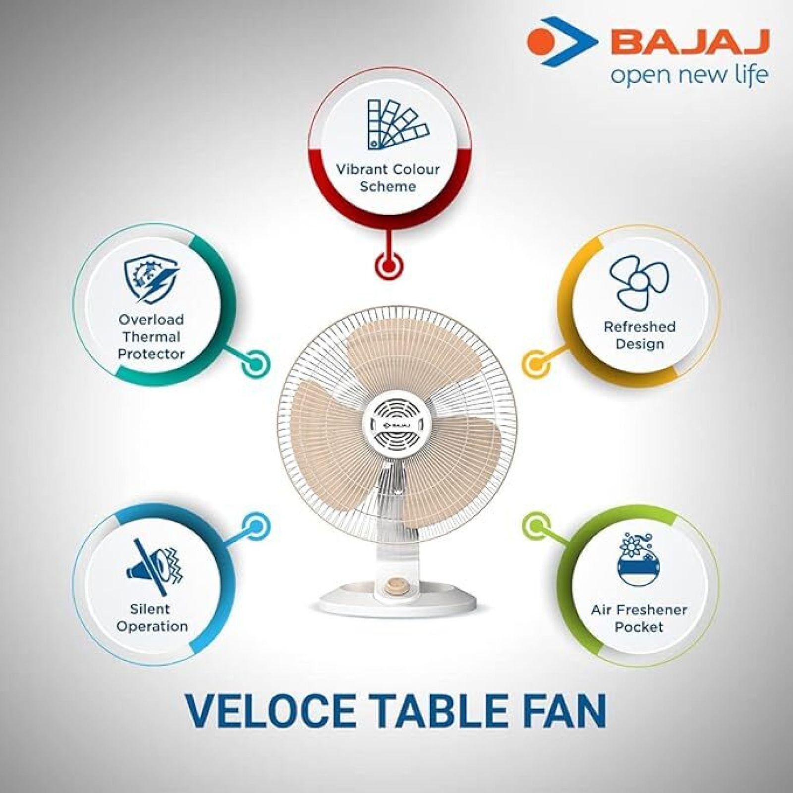 BAJAJ Veloce 5 Star 400mm 3 Blade Thermal Overload Protector Table Fan (Copper Motor, White & Ocean Blue) BAJAJ Veloce 5 Star 400mm 3 Blade Thermal Overload Protector Table Fan (Copper Motor, White & Ocean Blue)_4