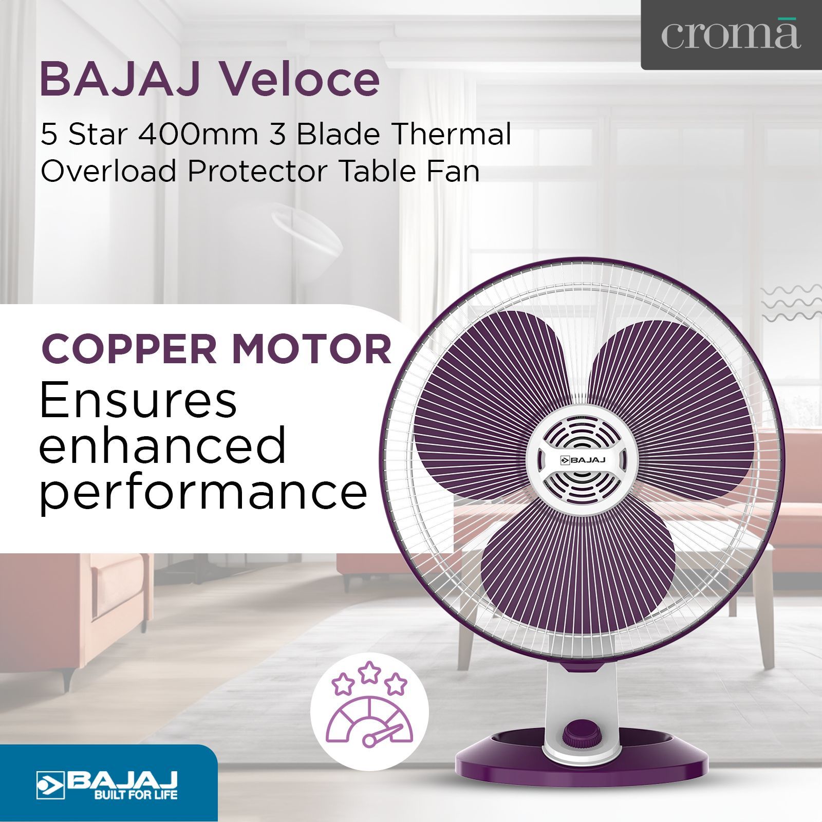 BAJAJ Veloce 5 Star 400mm 3 Blade Thermal Overload Protector Table Fan (Copper Motor, White & Purple) BAJAJ Veloce 5 Star 400mm 3 Blade Thermal Overload Protector Table Fan (Copper Motor, White & Purple)_6